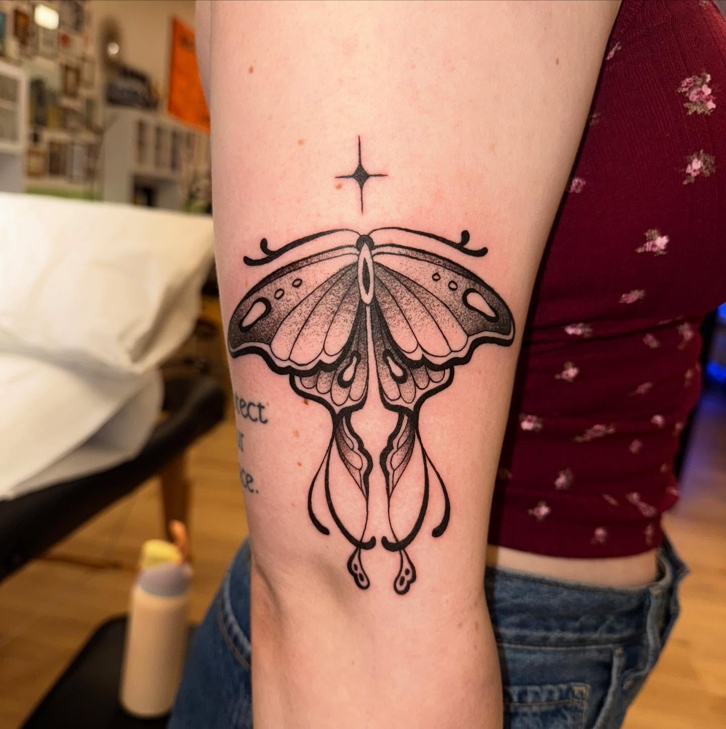 Butterfly dotwork tattoo on the forearm by Laurito