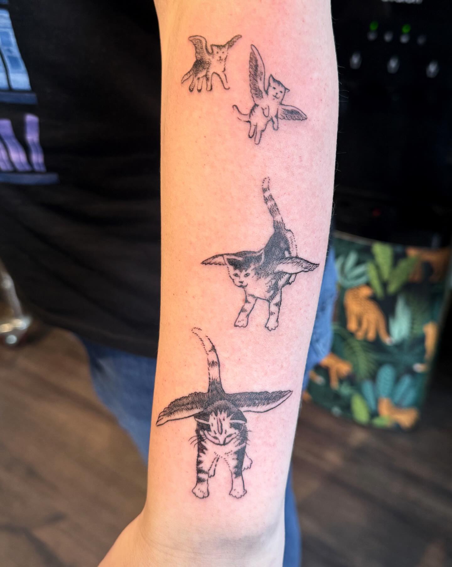 Cat black and grey tattoo on the forearm by Luna Enriquez⚡️, Portland, Oregon