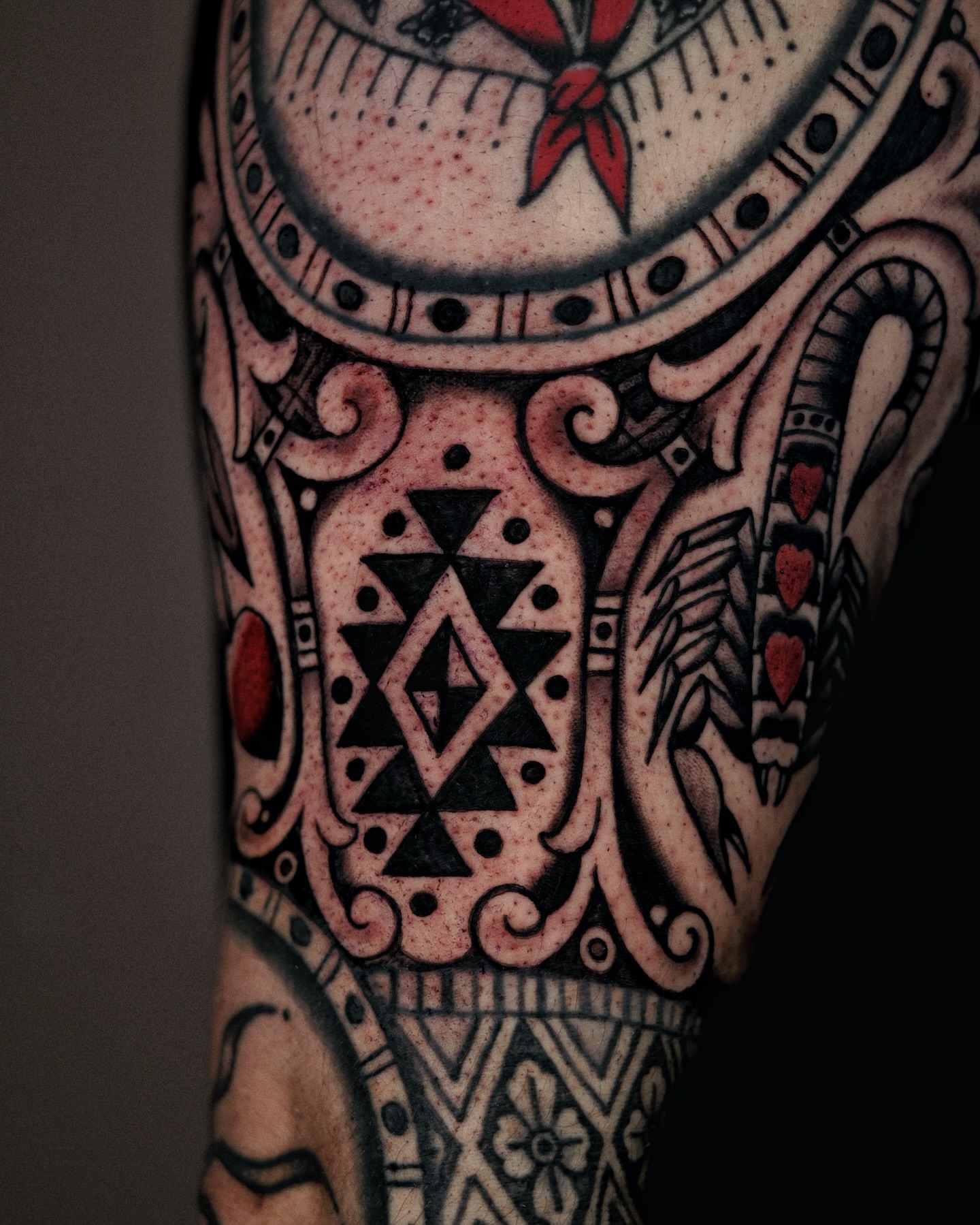 Geometric design American traditional tattoo on the forearm by Dylan Mott