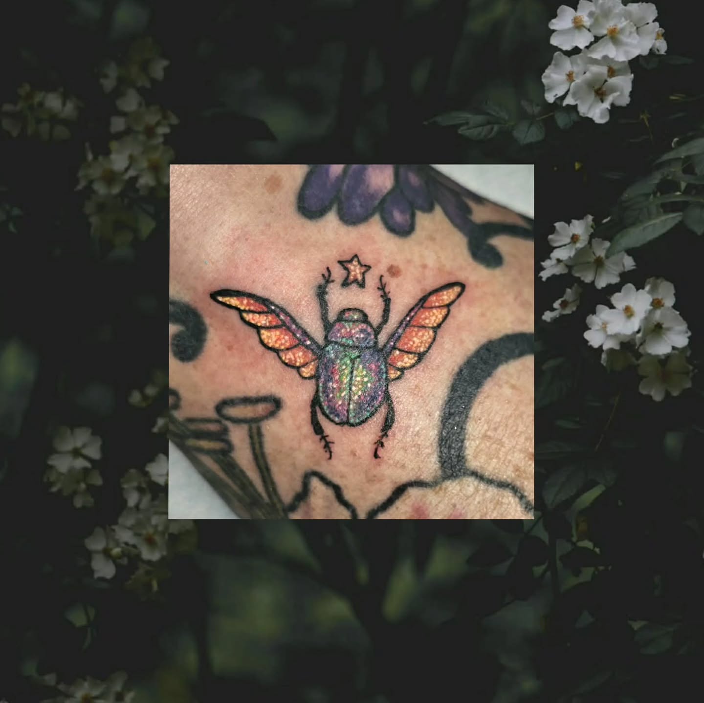 Beetle with wings new school tattoo by The Fabled Tattooist (Alyssa Summers), Eagle Point, Oregon