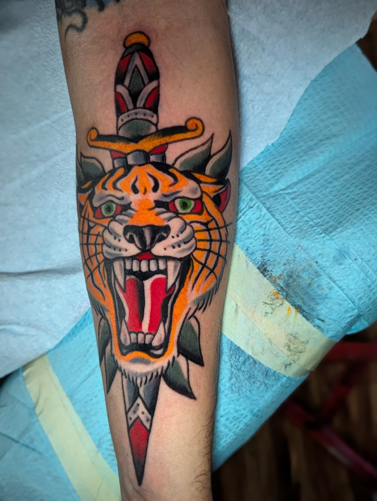 Tiger head American traditional tattoo on the forearm by Eric Ward