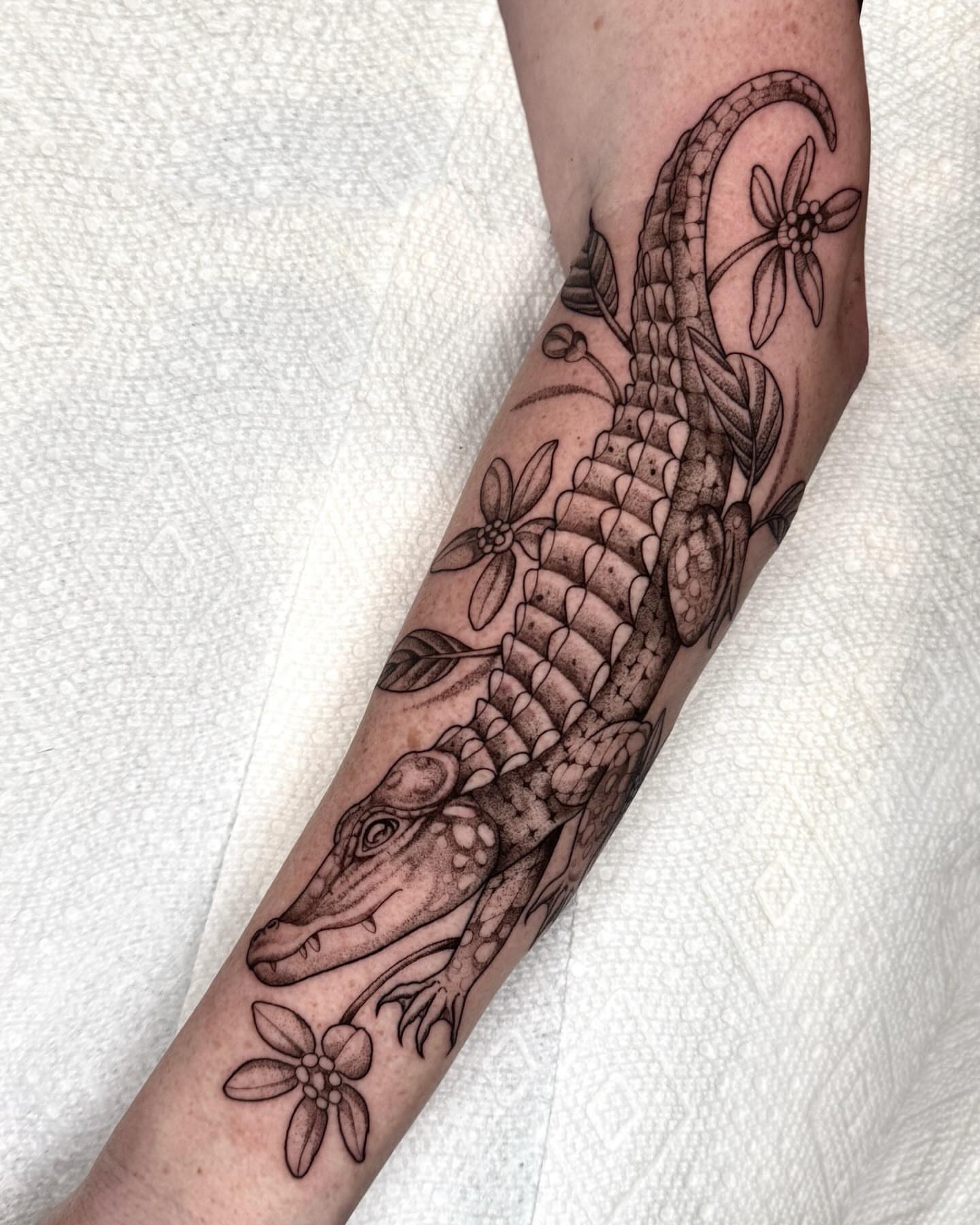 Alligator black and grey tattoo on the forearm by 🌸delaney🌸