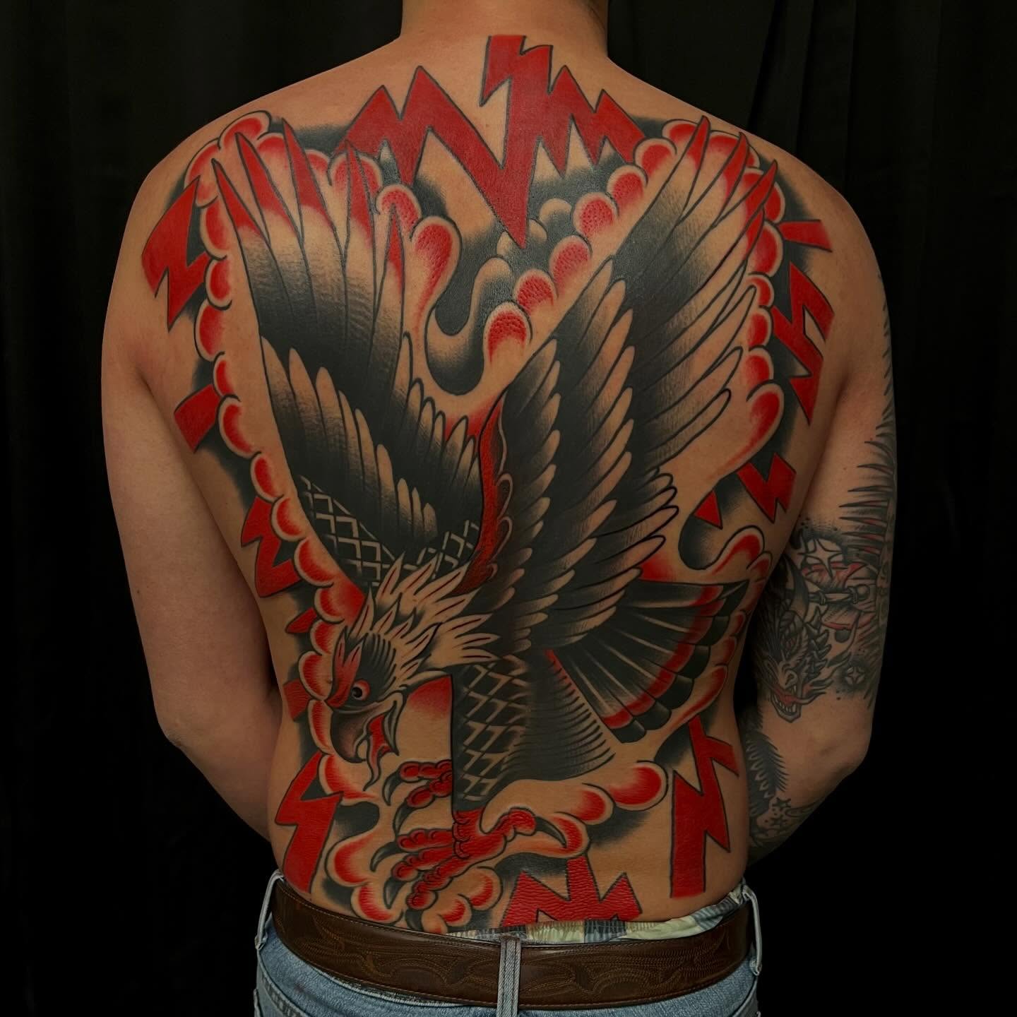 Eagle American traditional tattoo on the back by Lee Brewster, Erlanger, Kentucky