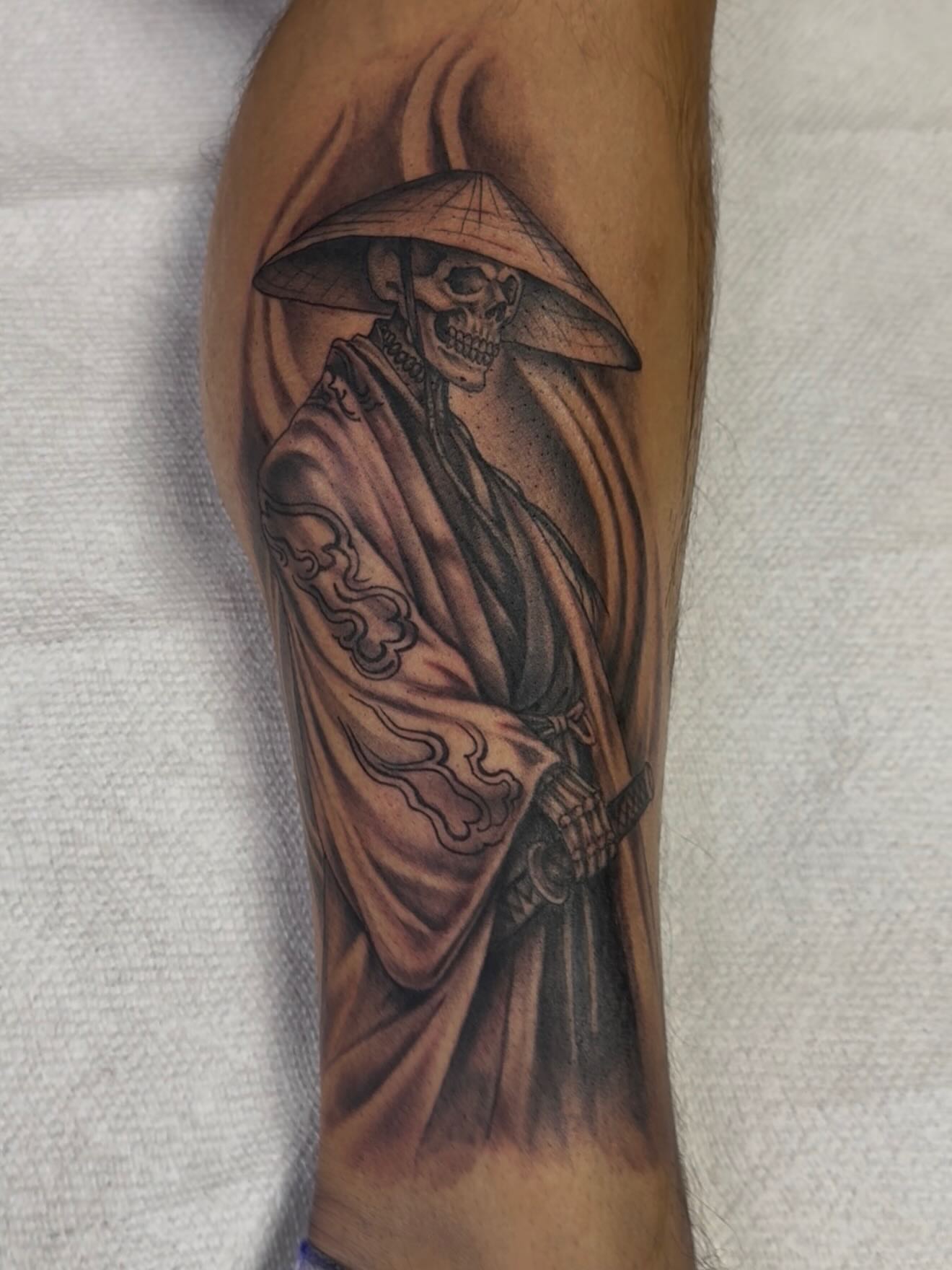 Samurai skeleton realism tattoo on the forearm by Las Vegas Tattoo Artist