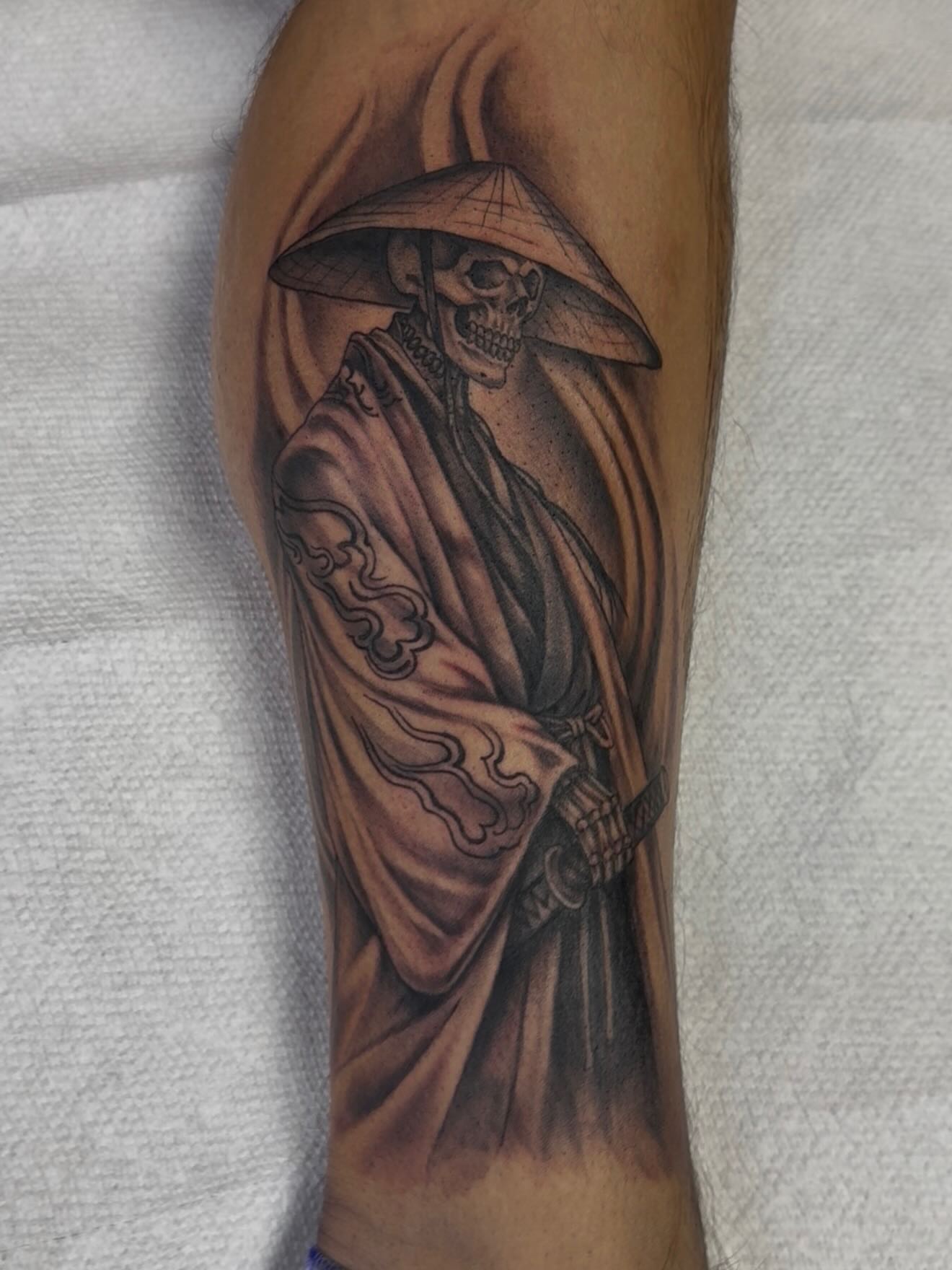 Samurai skeleton realism tattoo on the forearm by Las Vegas Tattoo Artist