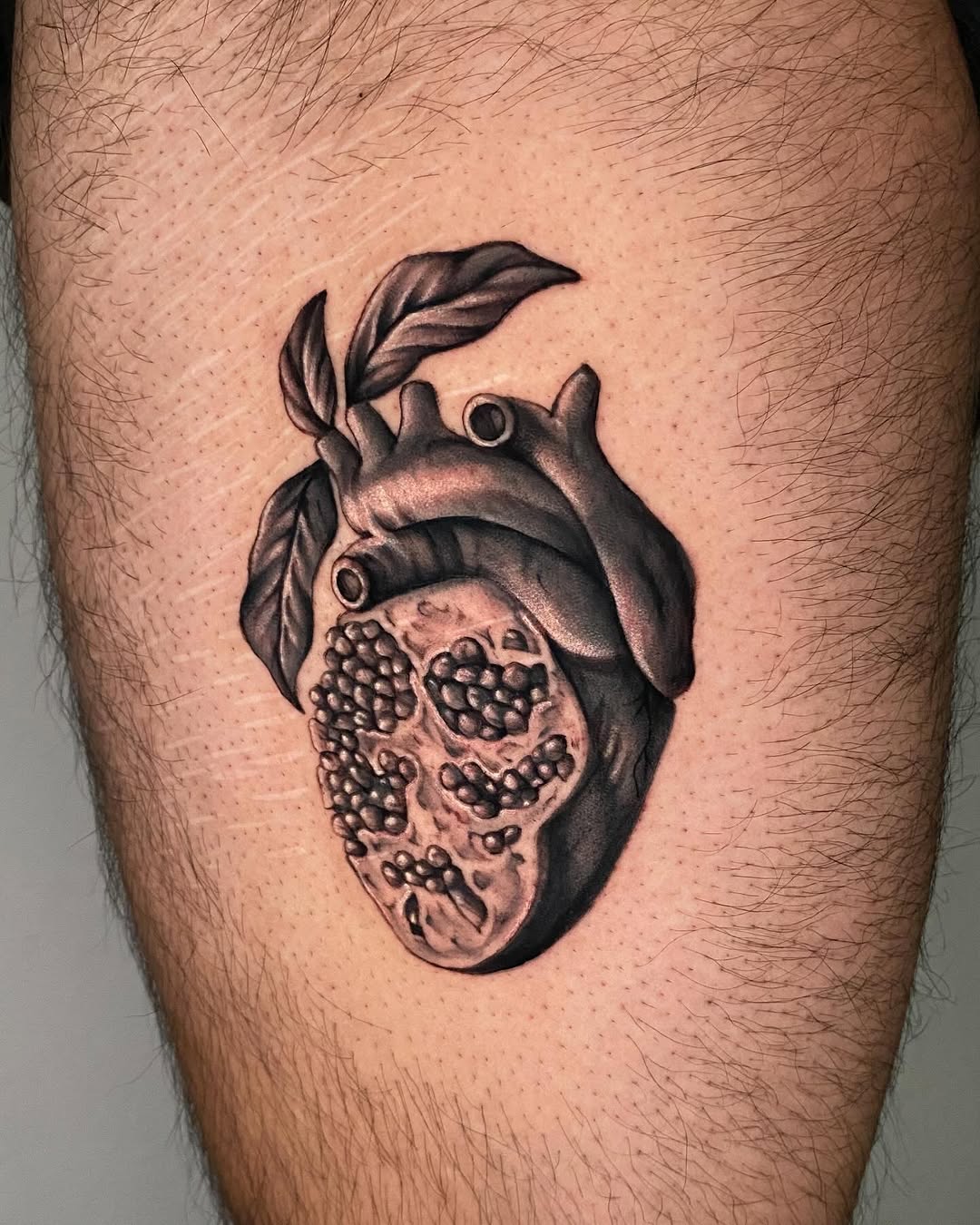 Anatomical heart with pomegranate seeds dotwork tattoo on the thigh by Autumn