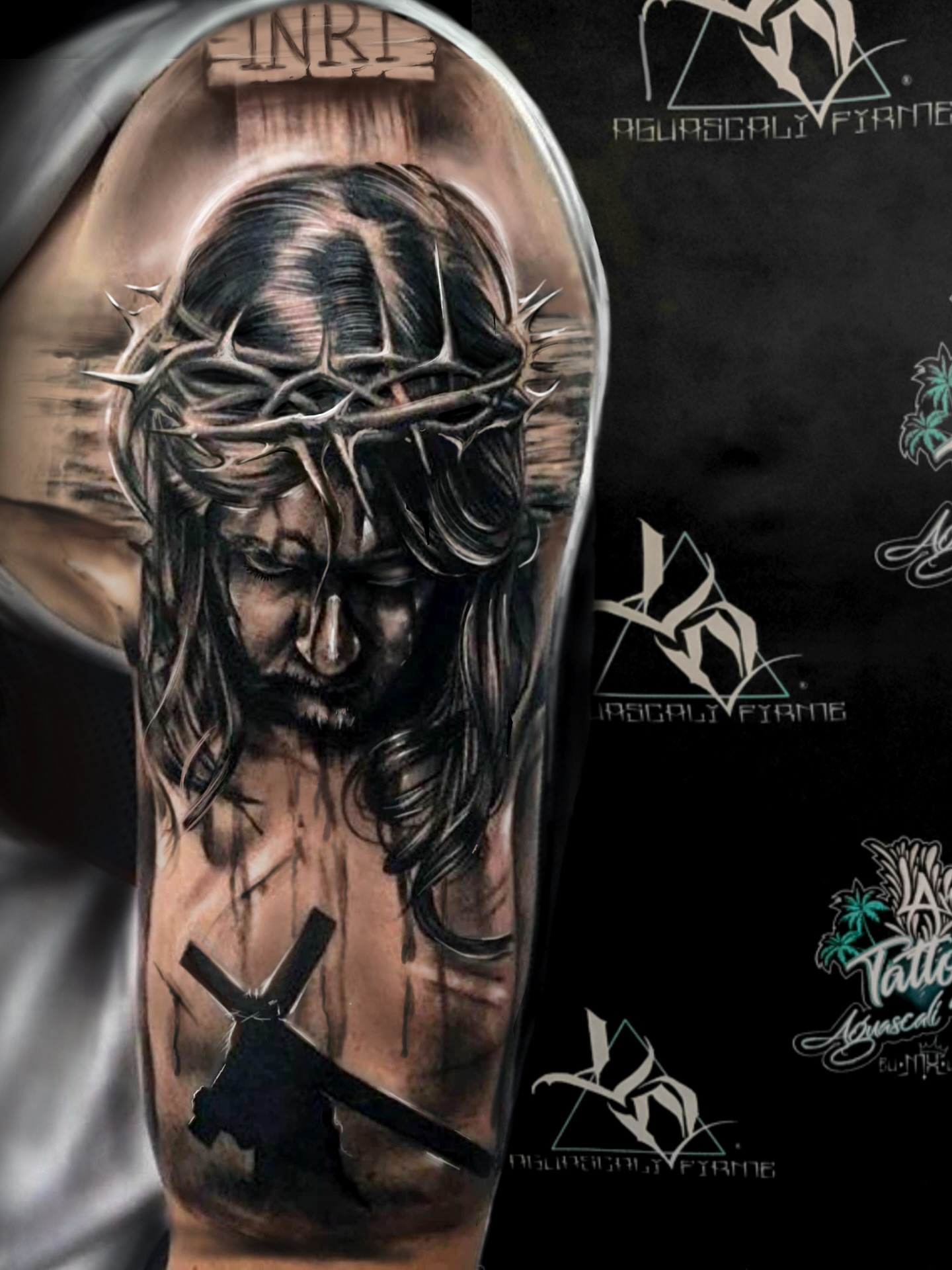 Religious figure realism tattoo on the forearm by Aguascali Firme