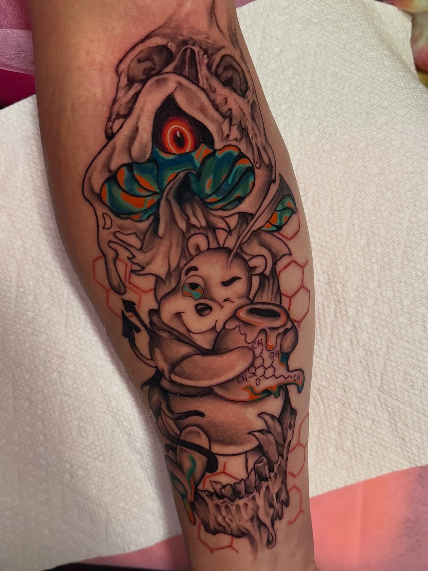 Monkey and alien neo-traditional tattoo on the forearm by ✨Jen Lochbihler✨, Dickson, Tennessee