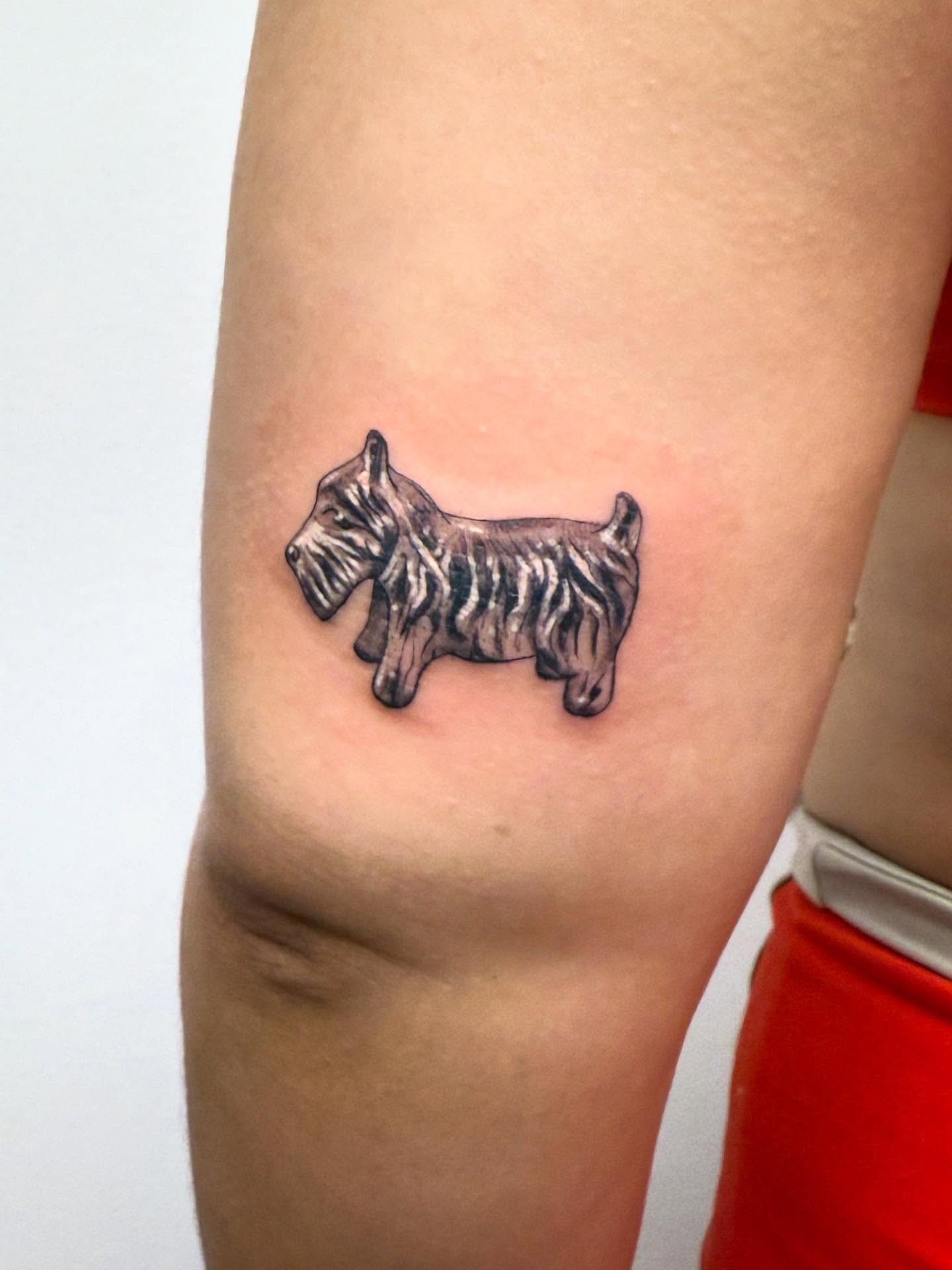 Scottish terrier black and grey tattoo on the forearm by KT