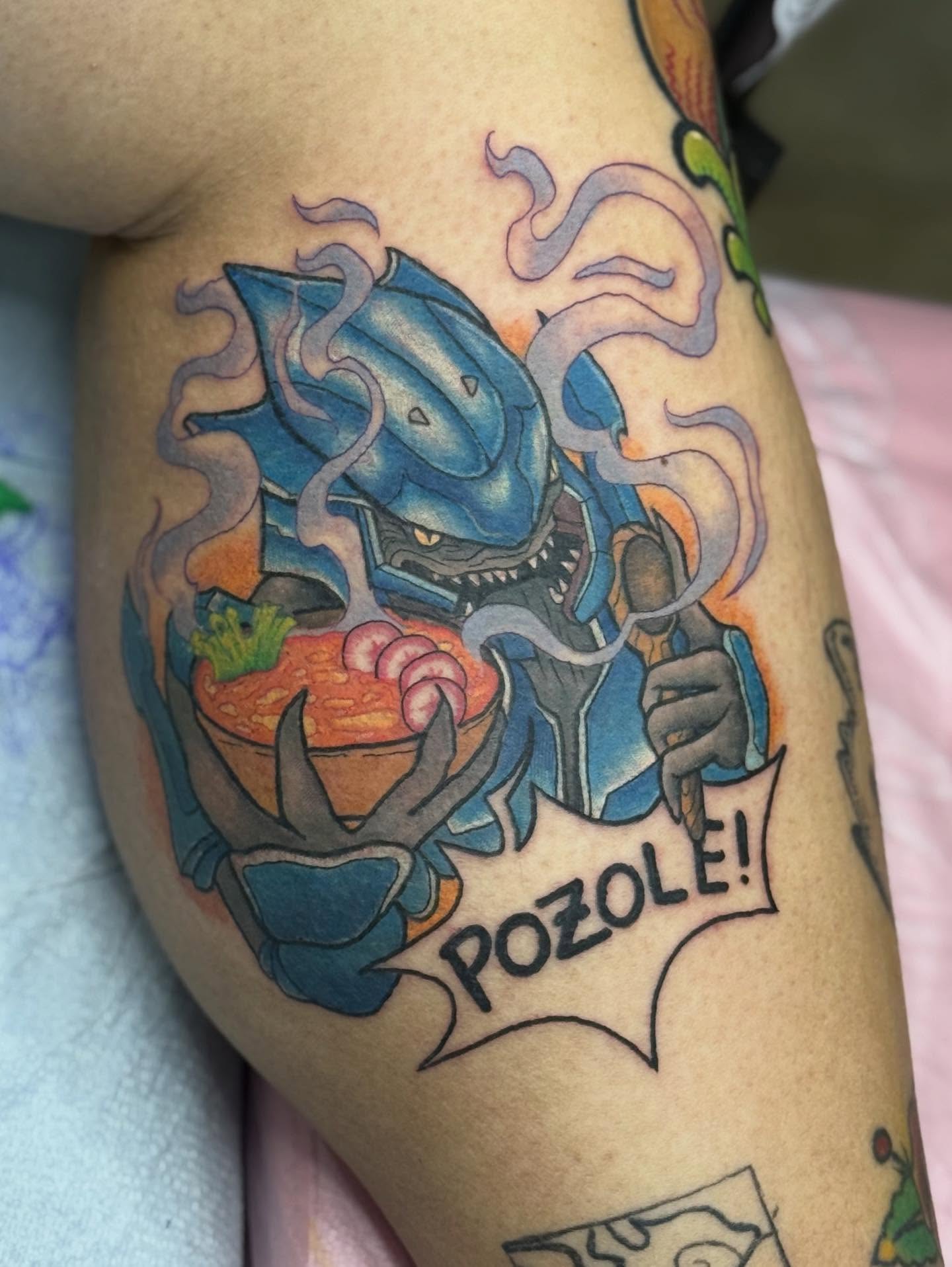 Pozole new school tattoo on the forearm by Bry