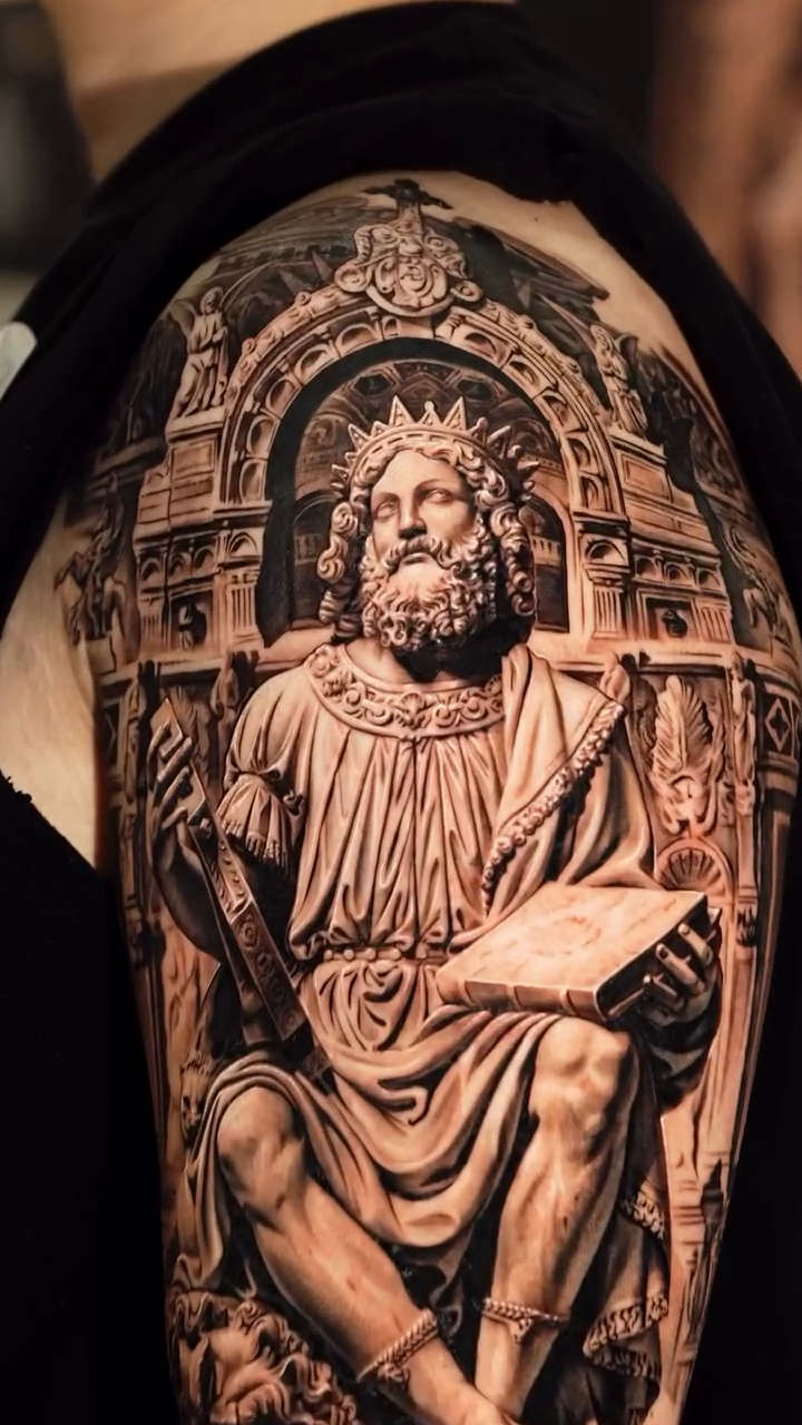 Statue and book realism tattoo by Gody