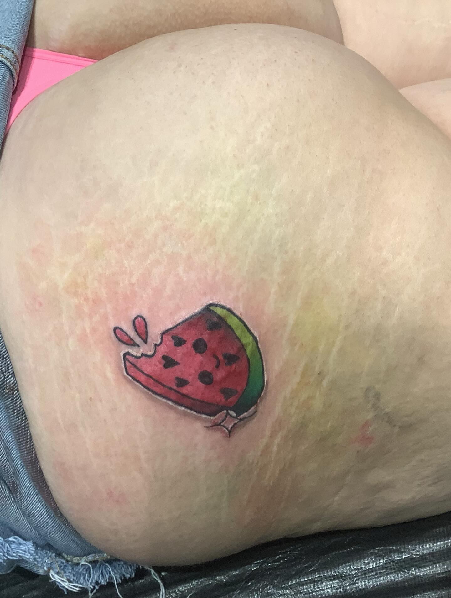 Watermelon slice dotwork tattoo on the thigh by @dom_macio_tattoo