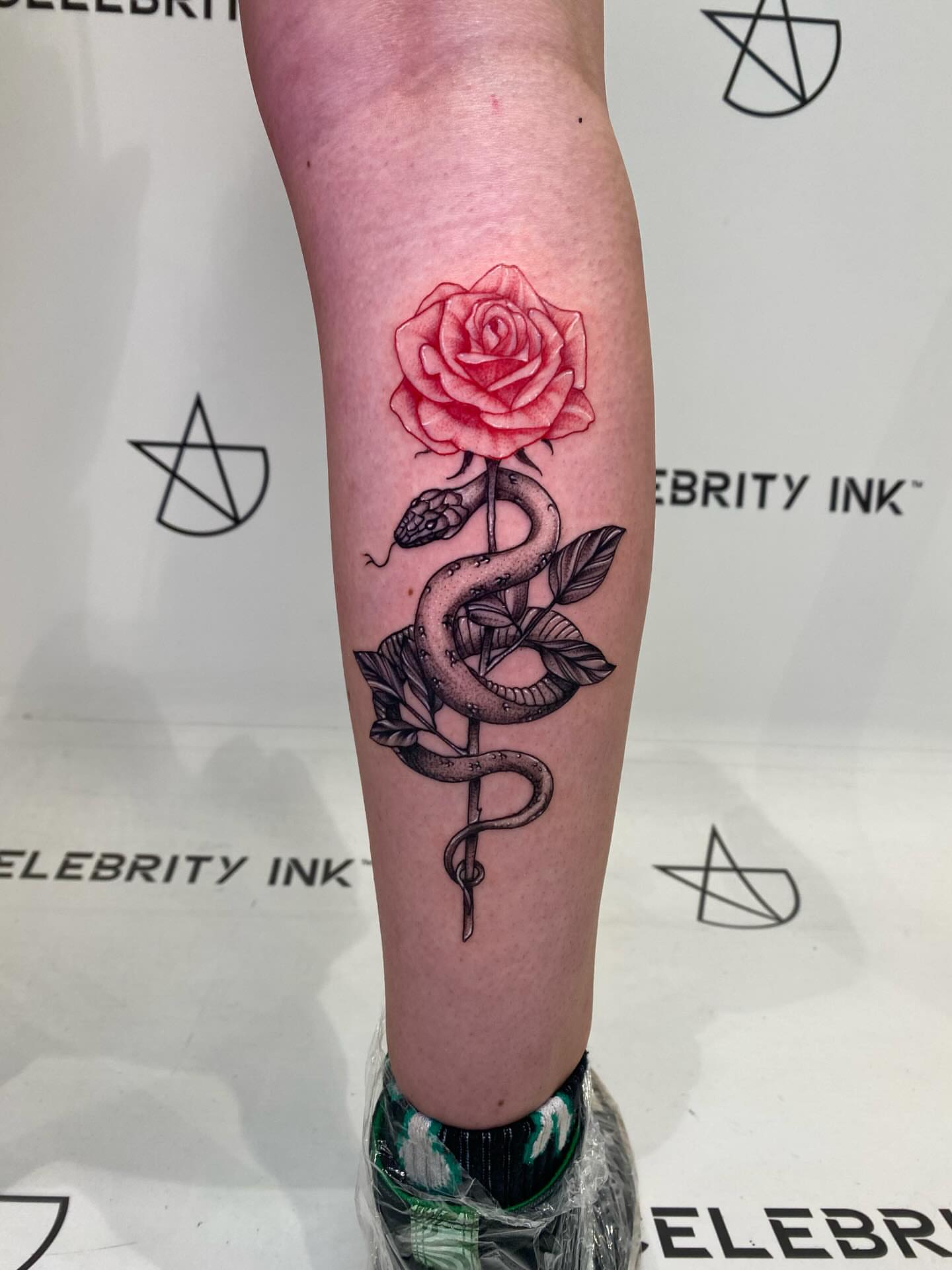 Rose and snake black and grey tattoo on the forearm by @dom_macio_tattoo
