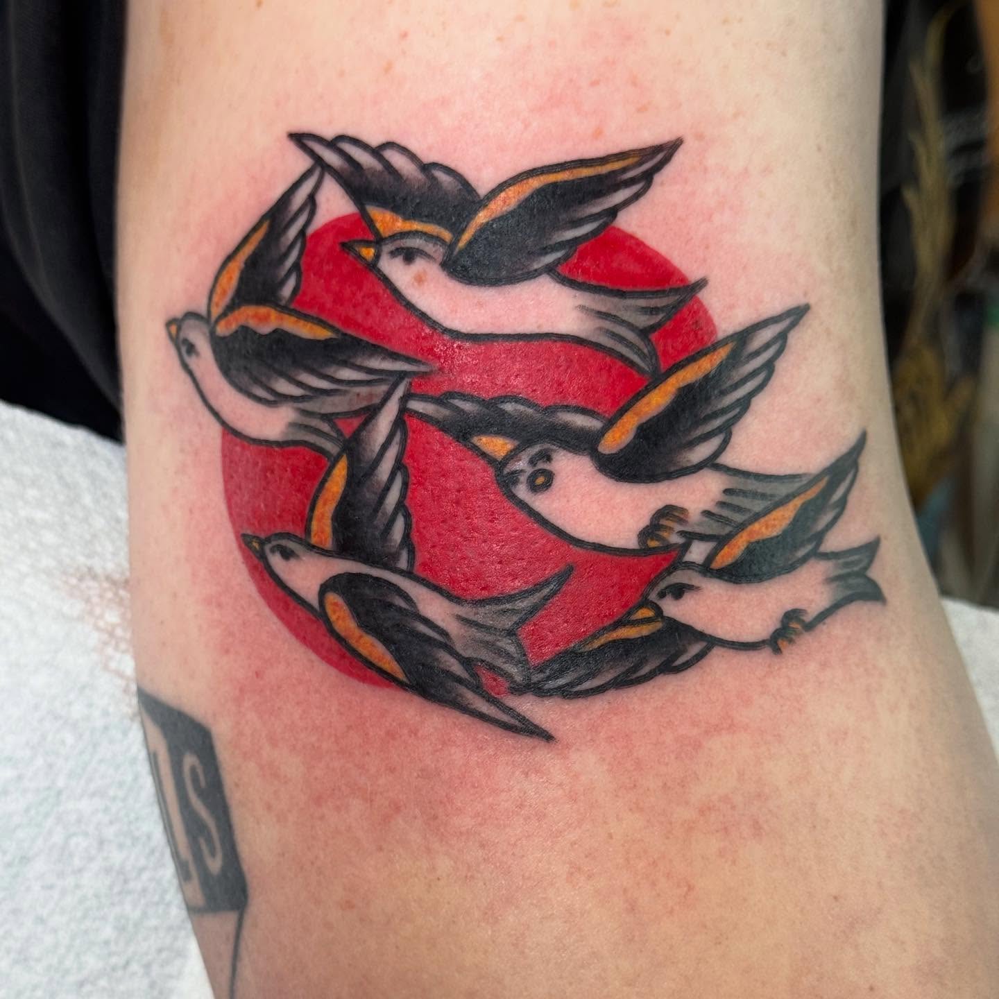 Birds flying American traditional tattoo on the forearm by JoJo Benton