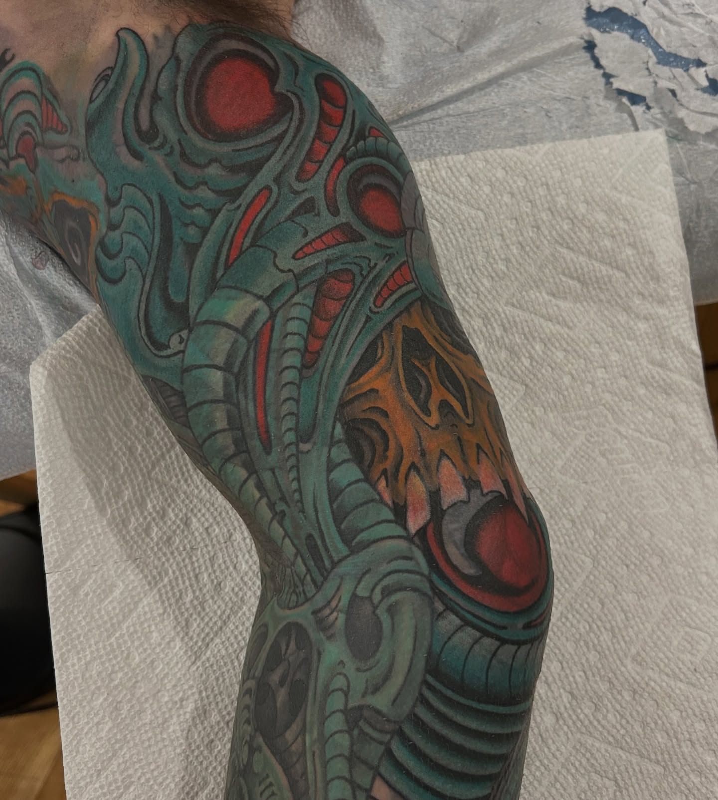 Mechanical biomech tattoo on the forearm by Craig Gardyan