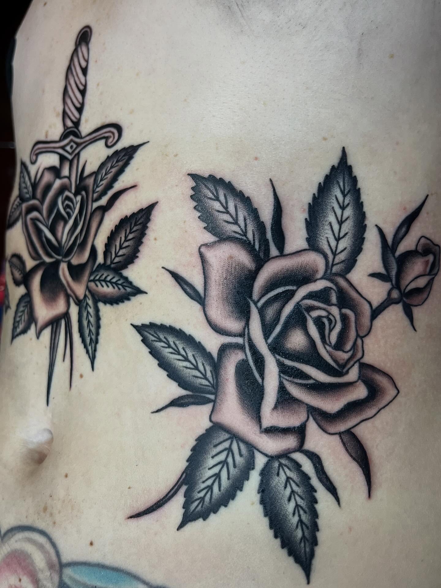 Rose American traditional tattoo on the thigh by holly danesi . philadelphia tattoo, Philadelphia, Pennsylvania