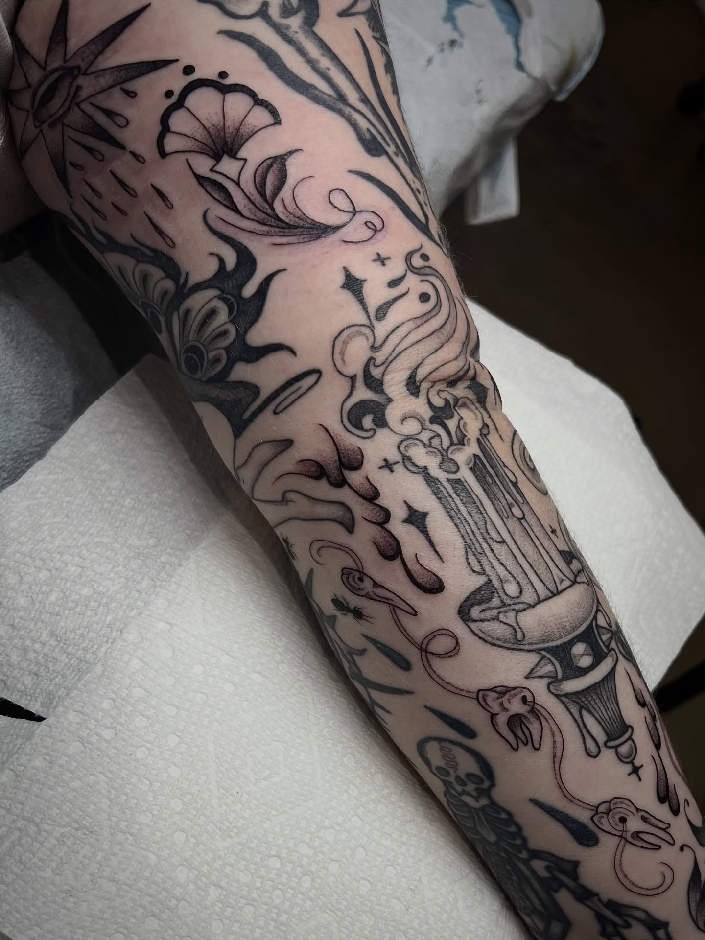 Floral and candle American traditional tattoo on the forearm by ∙︎✢︎ Rach K ✢︎