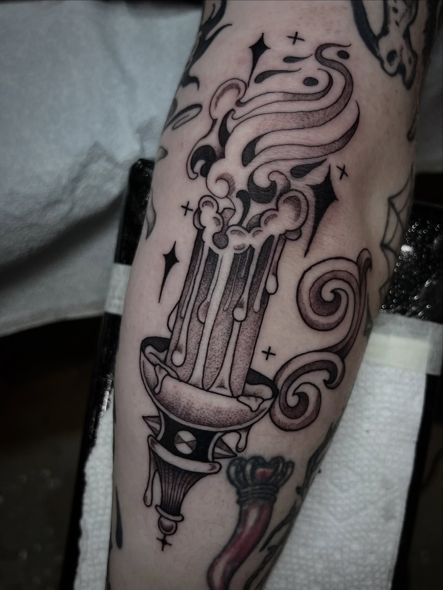Smoking candle black and grey tattoo on the forearm by ∙︎✢︎ Rach K ✢︎