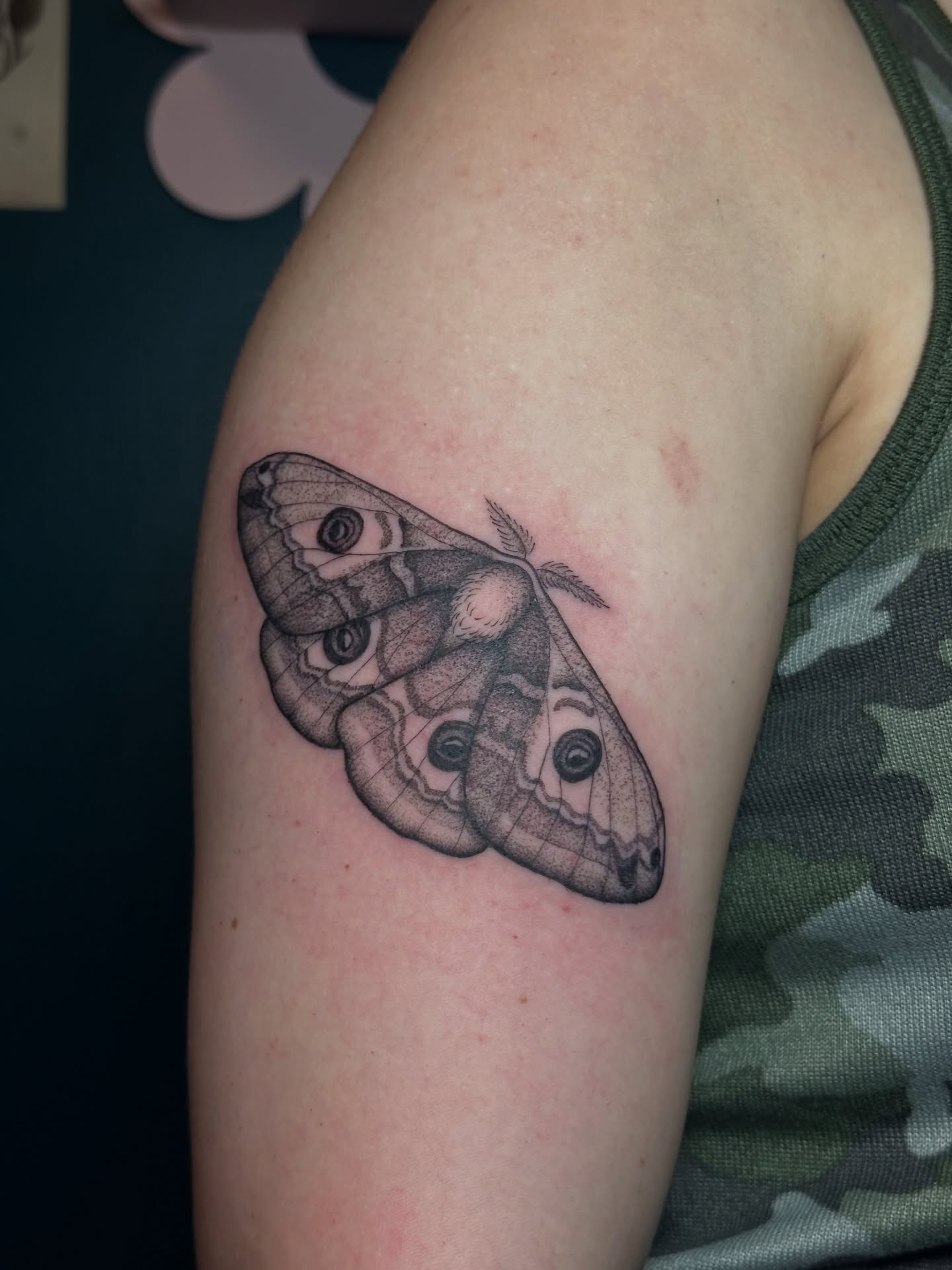 Butterfly black and grey tattoo on the upper arm by kennedy :) π±πΏ