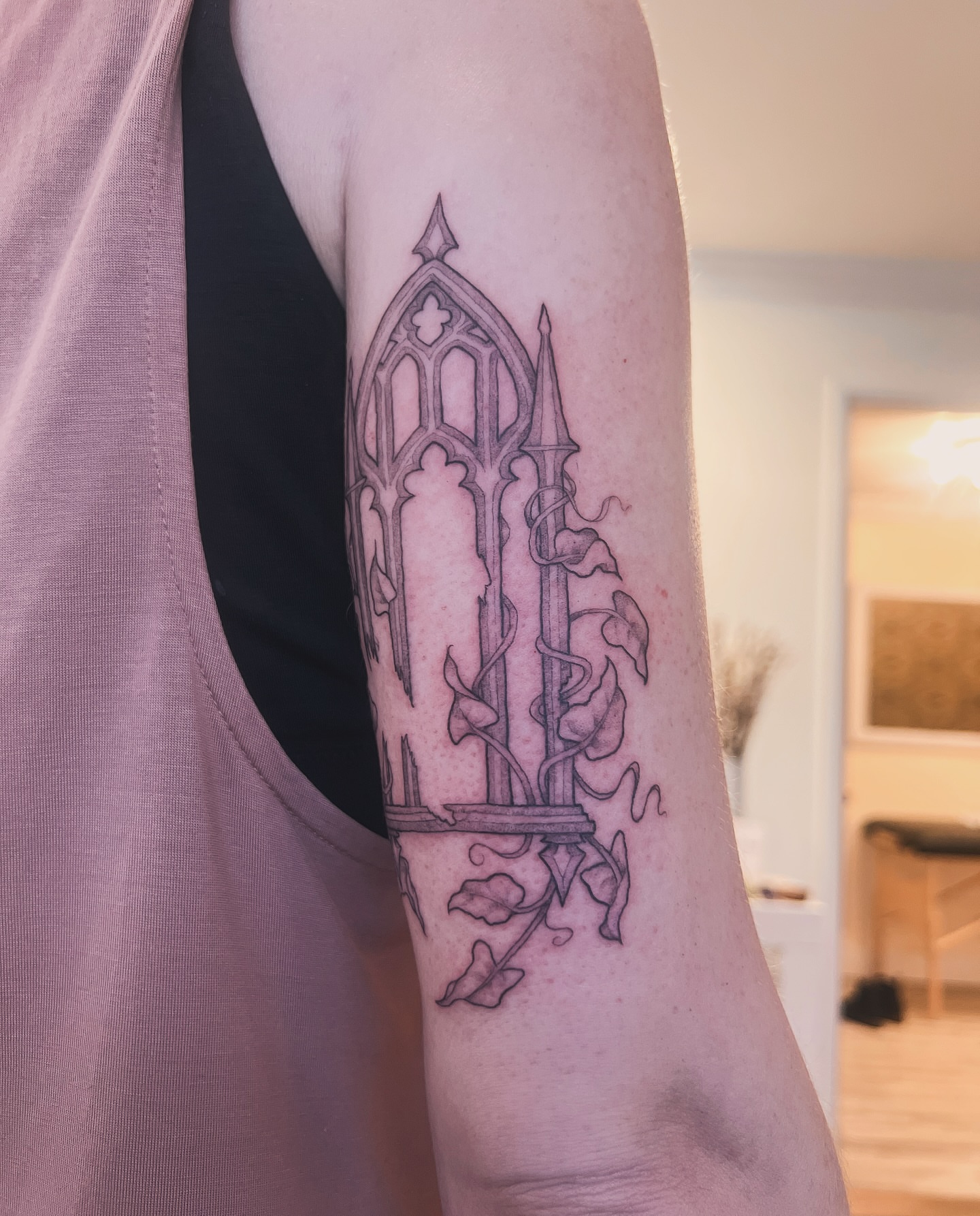 Gothic cathedral black and grey tattoo on the forearm by Kelsi Hooper, Seattle, Washington