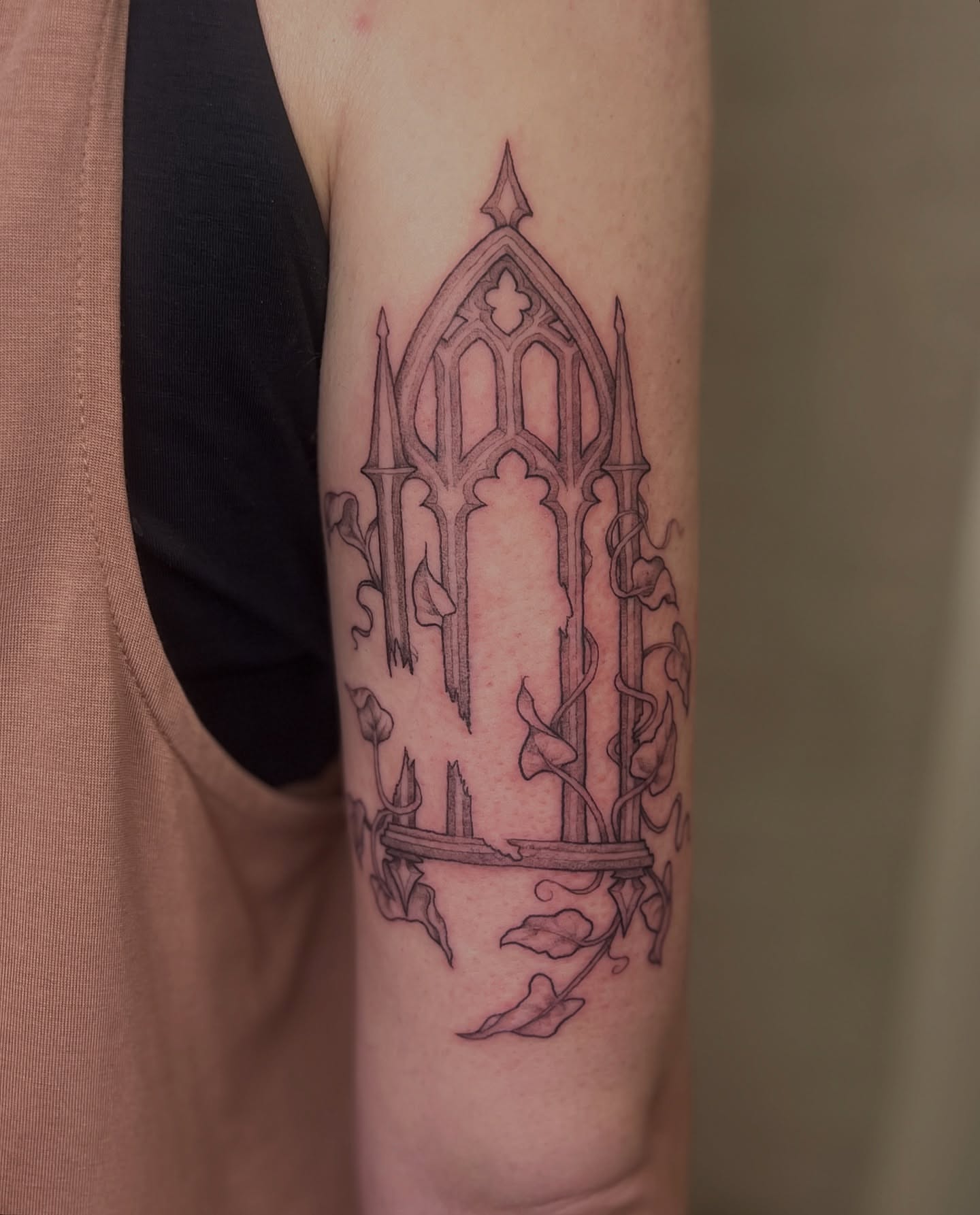 Gothic cathedral black and grey tattoo on the forearm by Kelsi Hooper, Seattle, Washington