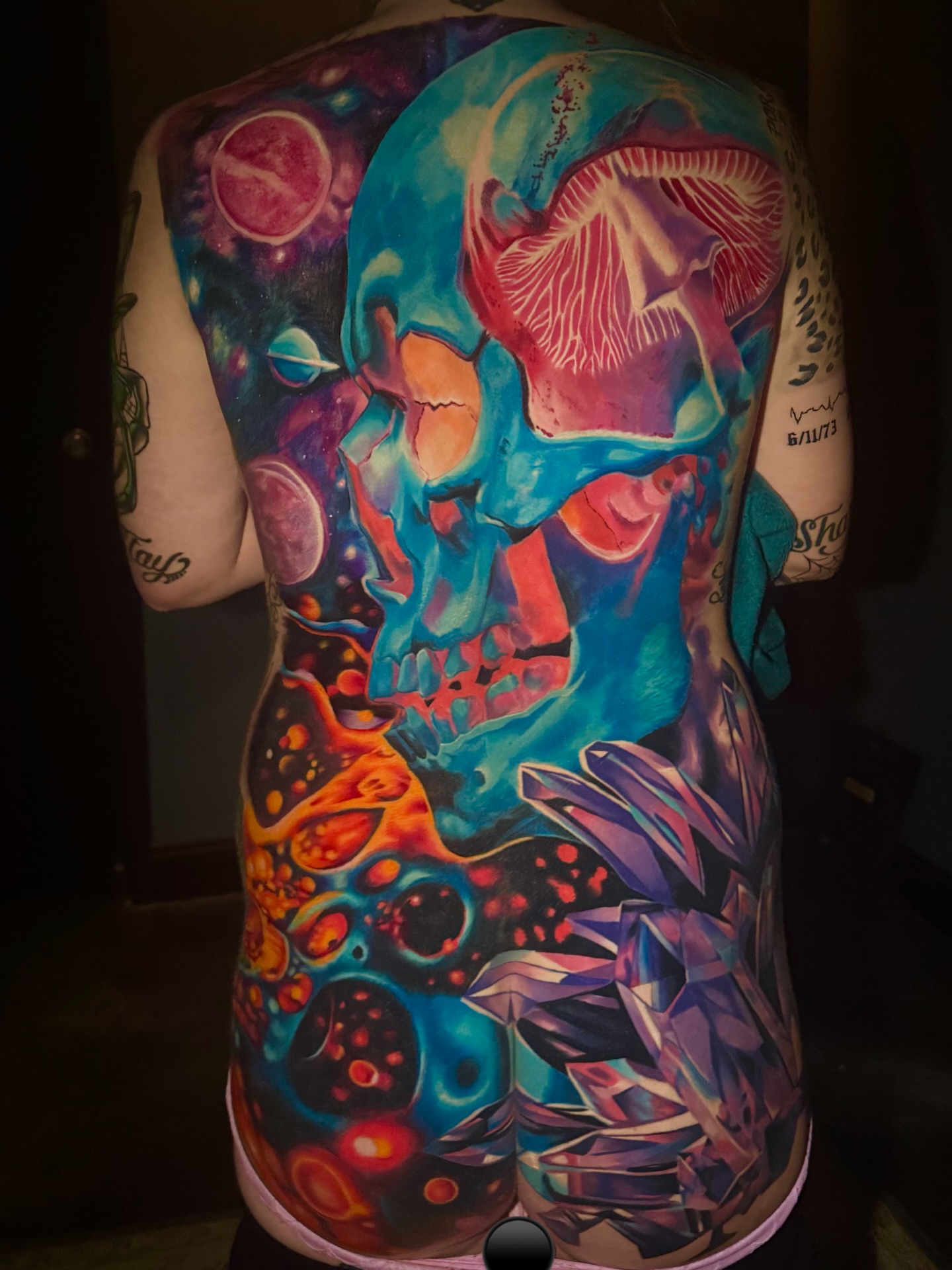 Space skull surrealism tattoo on the back by Mary Blake Tattoos, Franklin, Tennessee