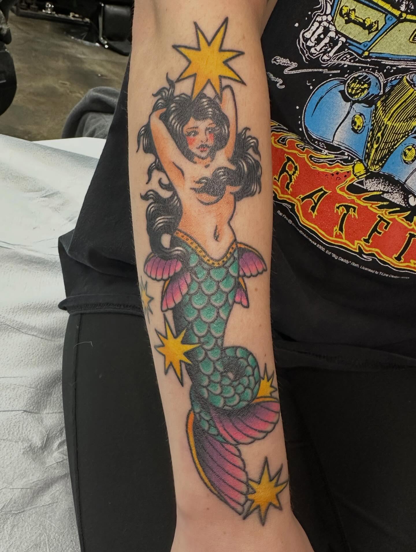 Mermaid American traditional tattoo on the forearm by Sammy Beresford