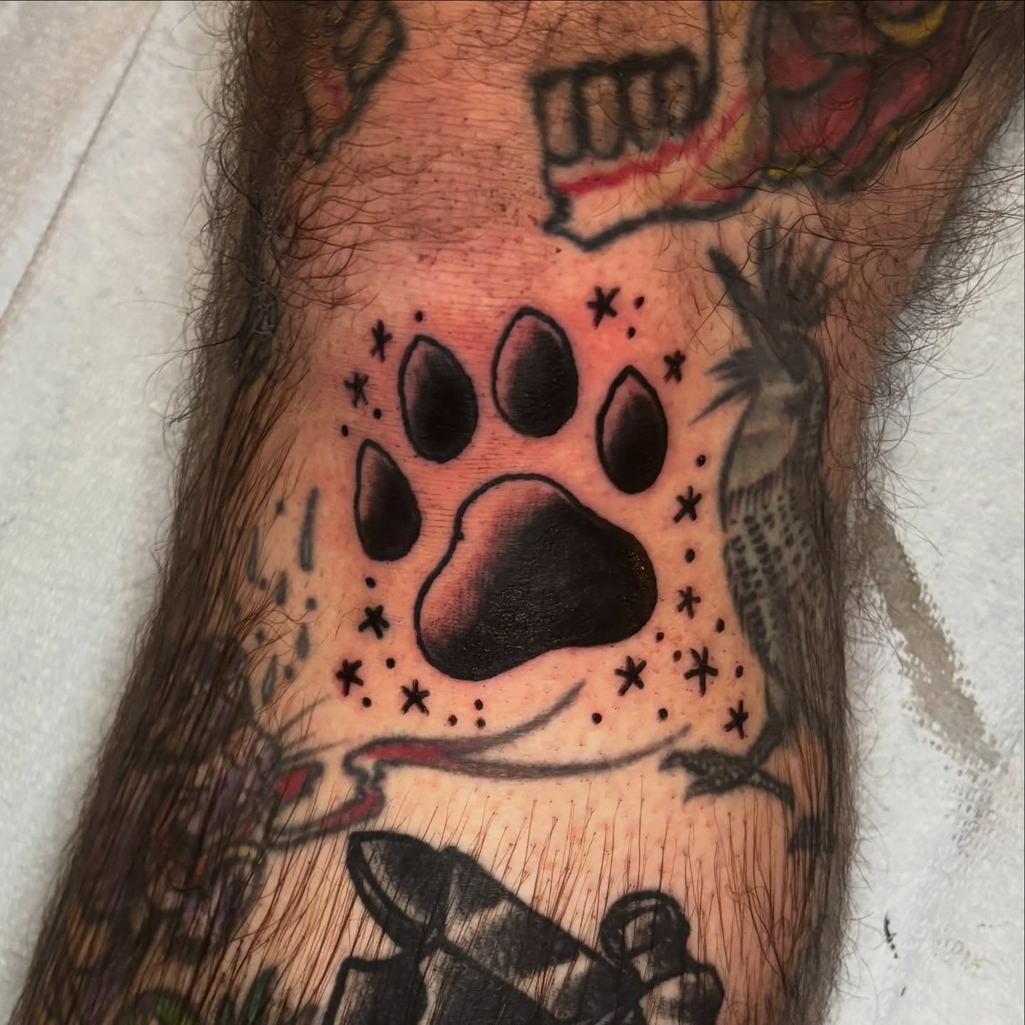 Paw print dotwork tattoo on the forearm by Lilly Evans