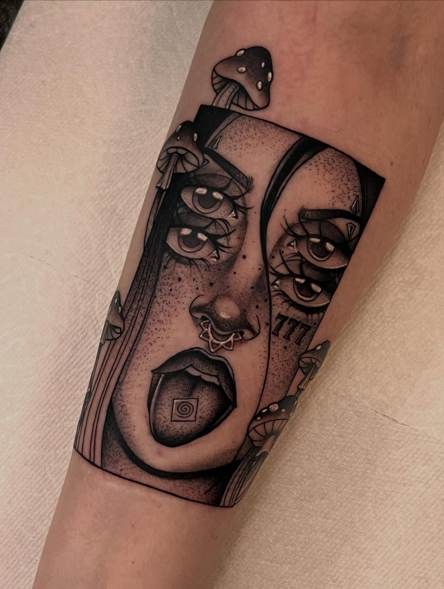Woman's face dotwork tattoo on the forearm by 𝙻𝚒𝚊 𝙹𝚎𝚙𝚙𝚎𝚜𝚎𝚗