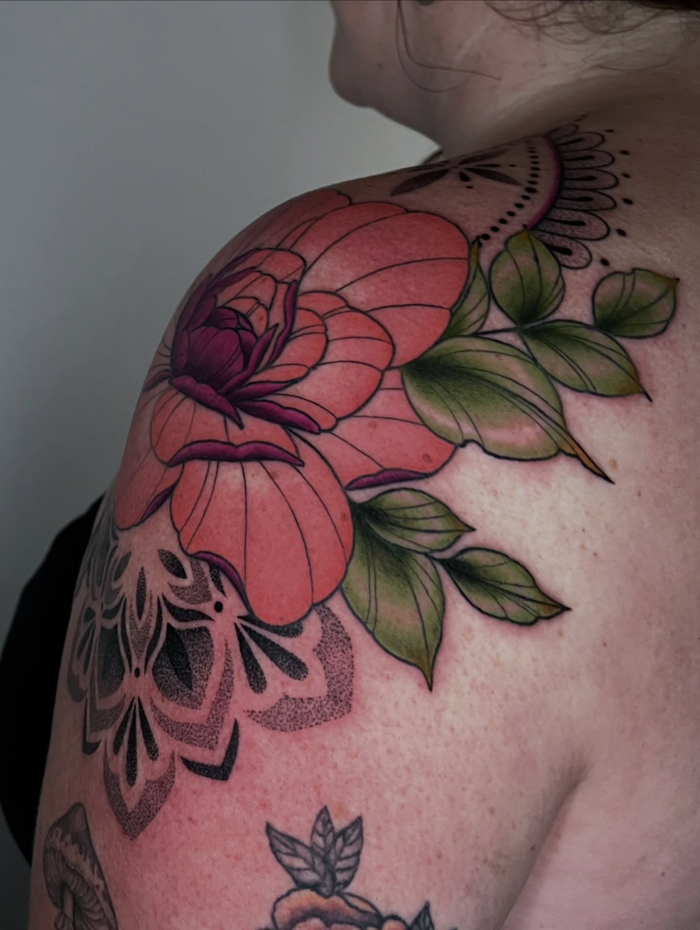 Peony flower dotwork tattoo on the shoulder by ๐๐๐ฅ๐ฅ๐ข๐ ๐๐๐ก๐ข๐ฅ๐ฅ๐ข๐ง๐