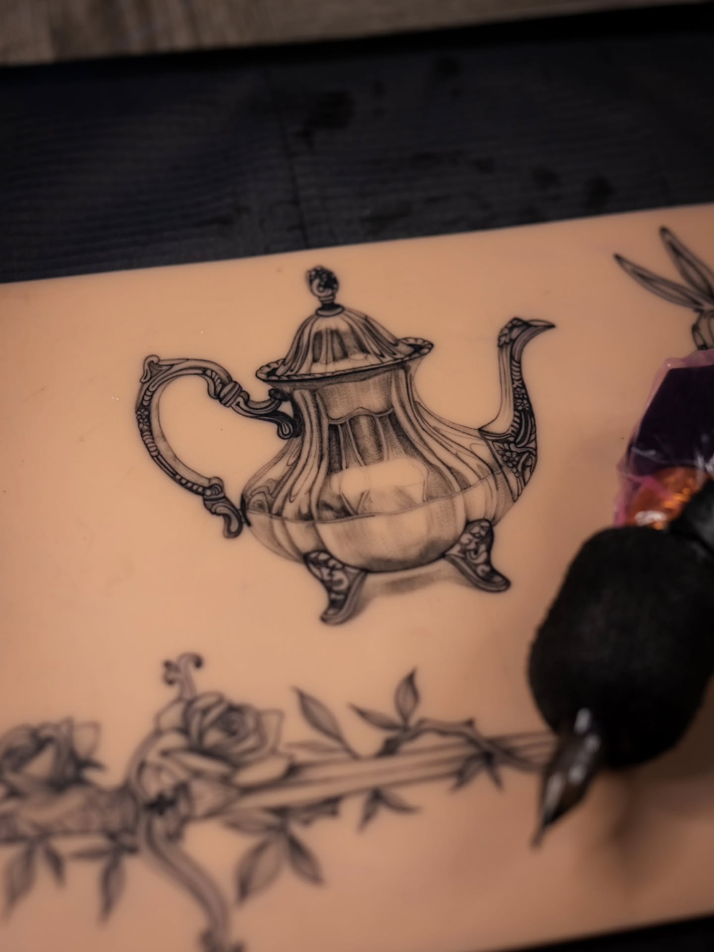 Teapot black and grey tattoo on the torso by Alex ▪︎ Tattoo Apprentice