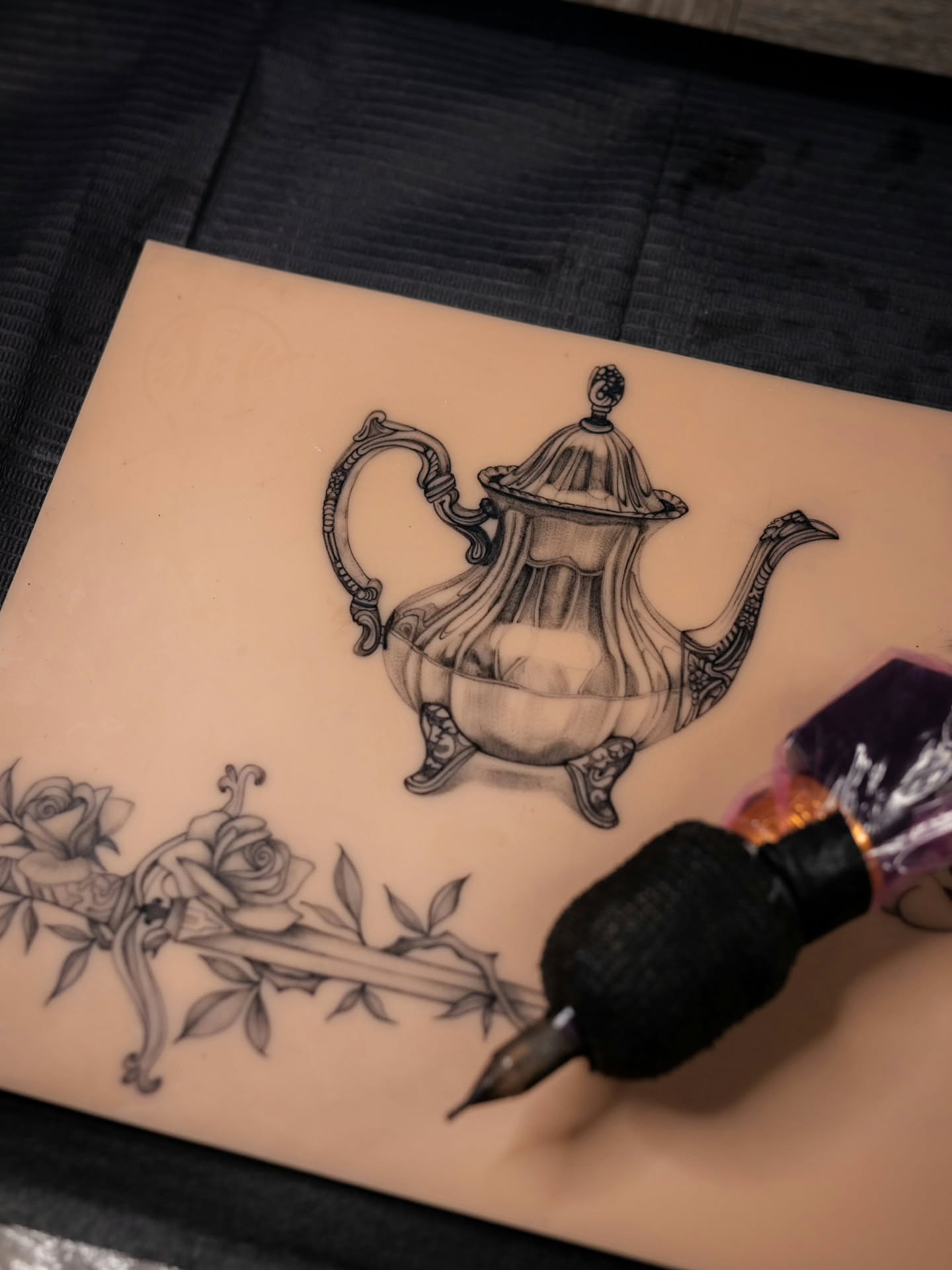 Teapot black and grey tattoo on the forearm by Alex ▪︎ Tattoo Apprentice