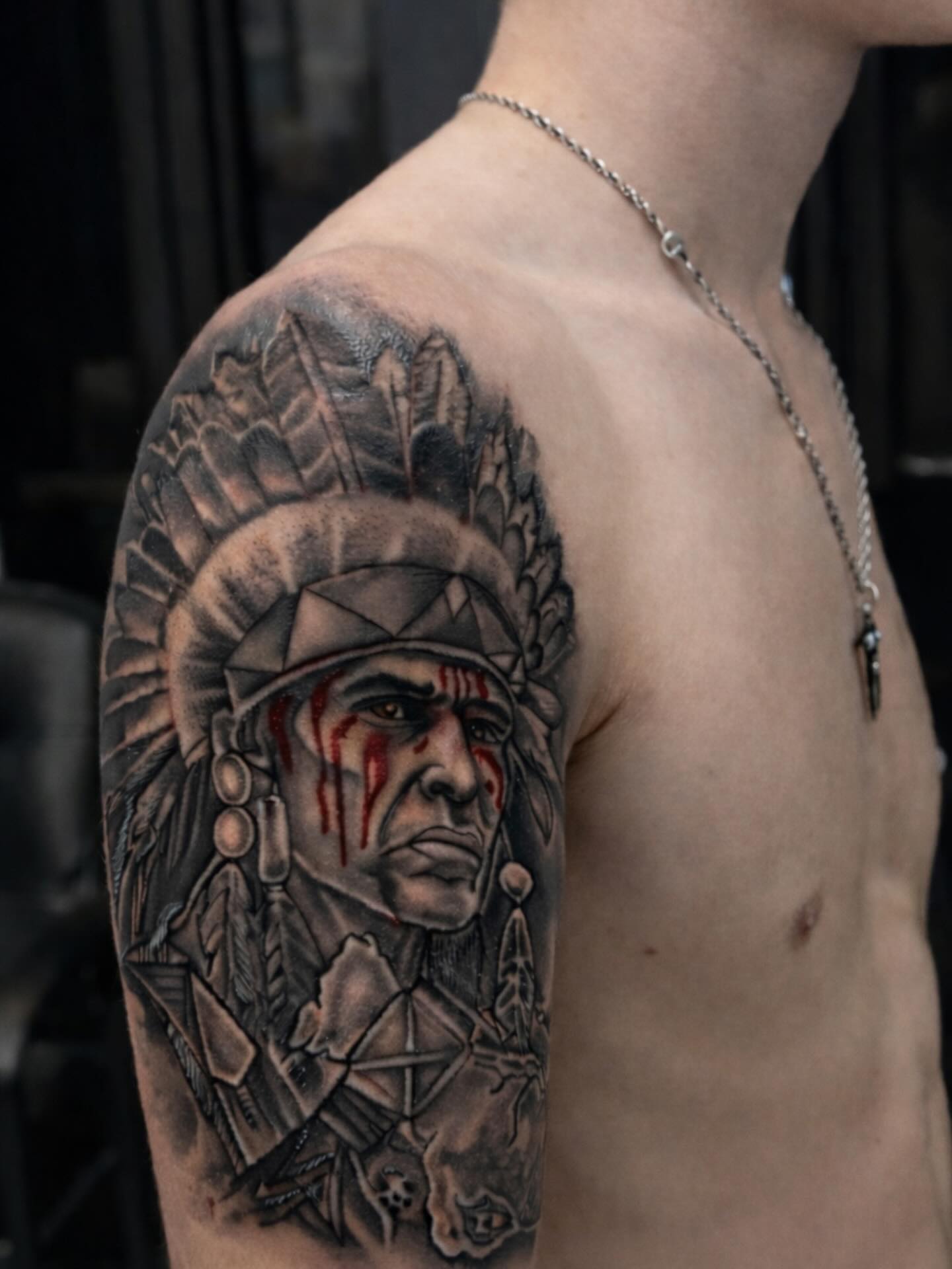 Native american chief realism tattoo on the shoulder by Shake_tatts