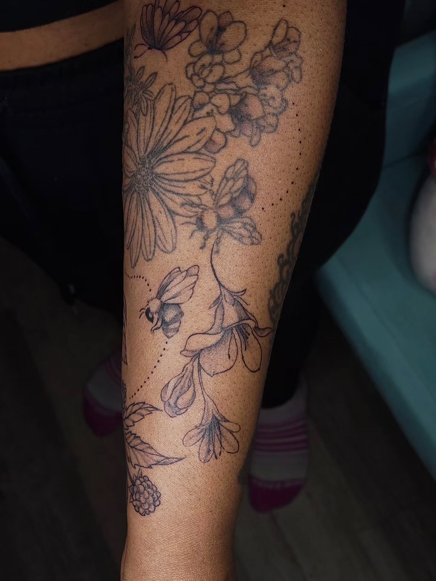 Floral arrangement dotwork tattoo on the forearm by Luna 🌙
