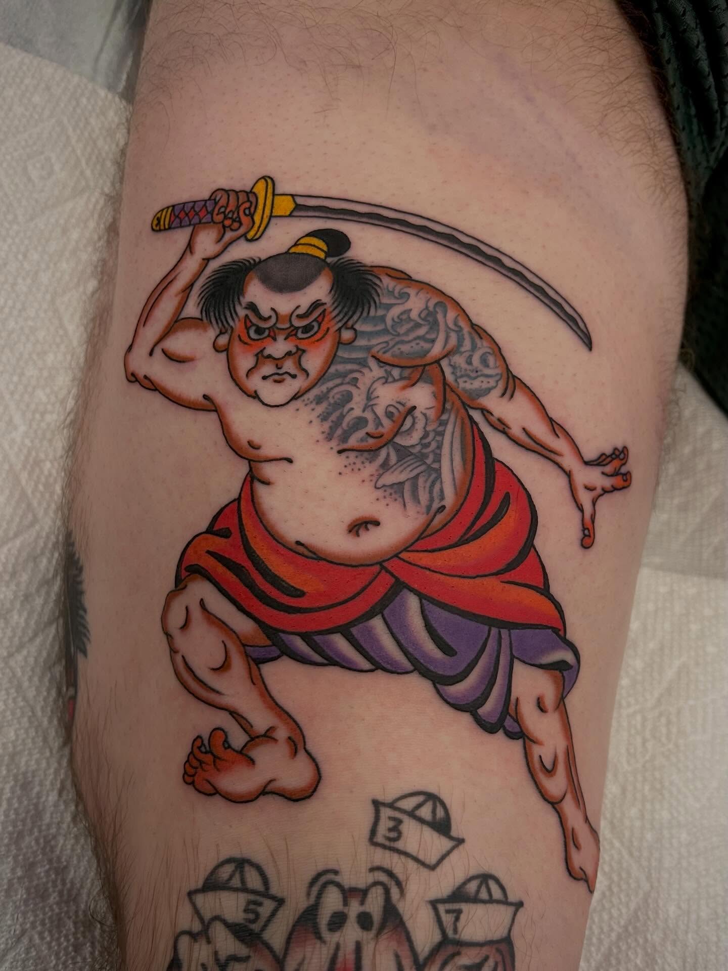 Sumo wrestler American traditional tattoo on the thigh by Christian Lasyone