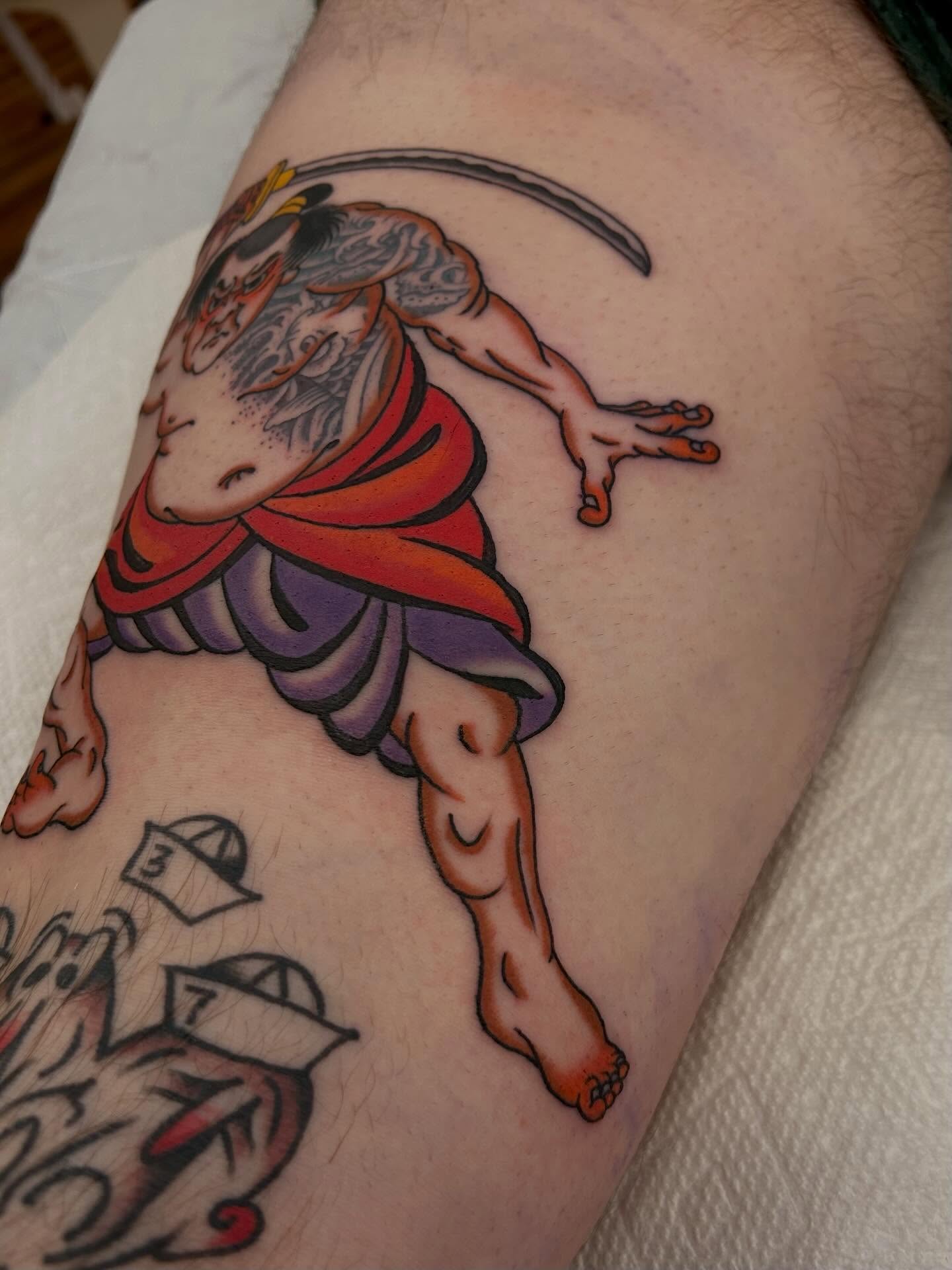 Geisha American traditional tattoo on the thigh by Christian Lasyone