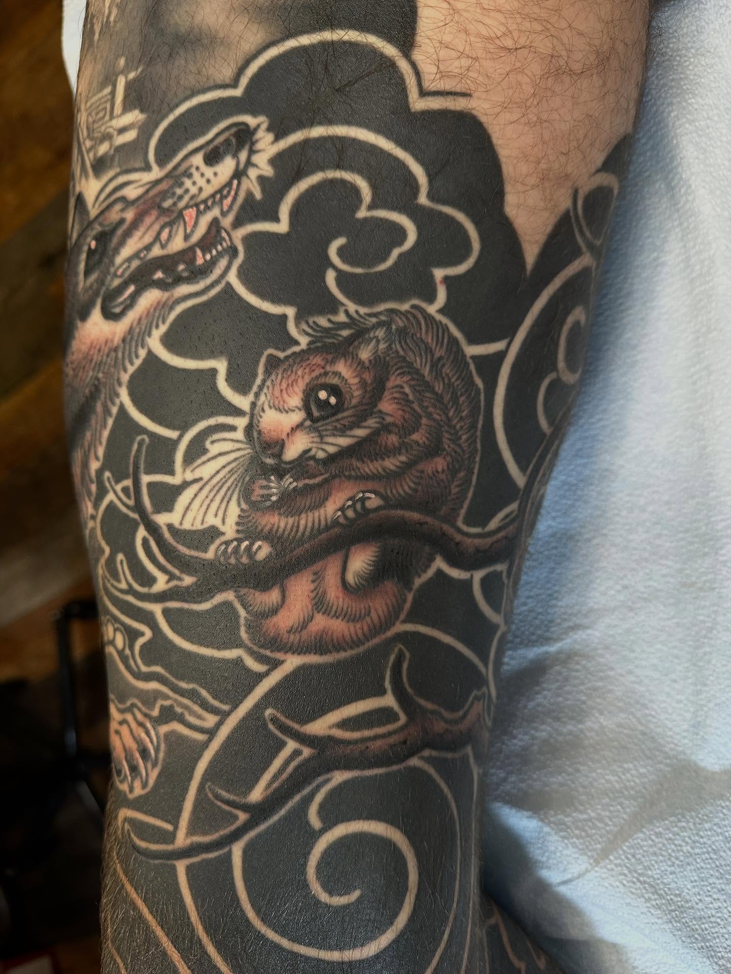 Squirrel and dragon American traditional tattoo on the forearm by Megon Shore, Seattle, Washington