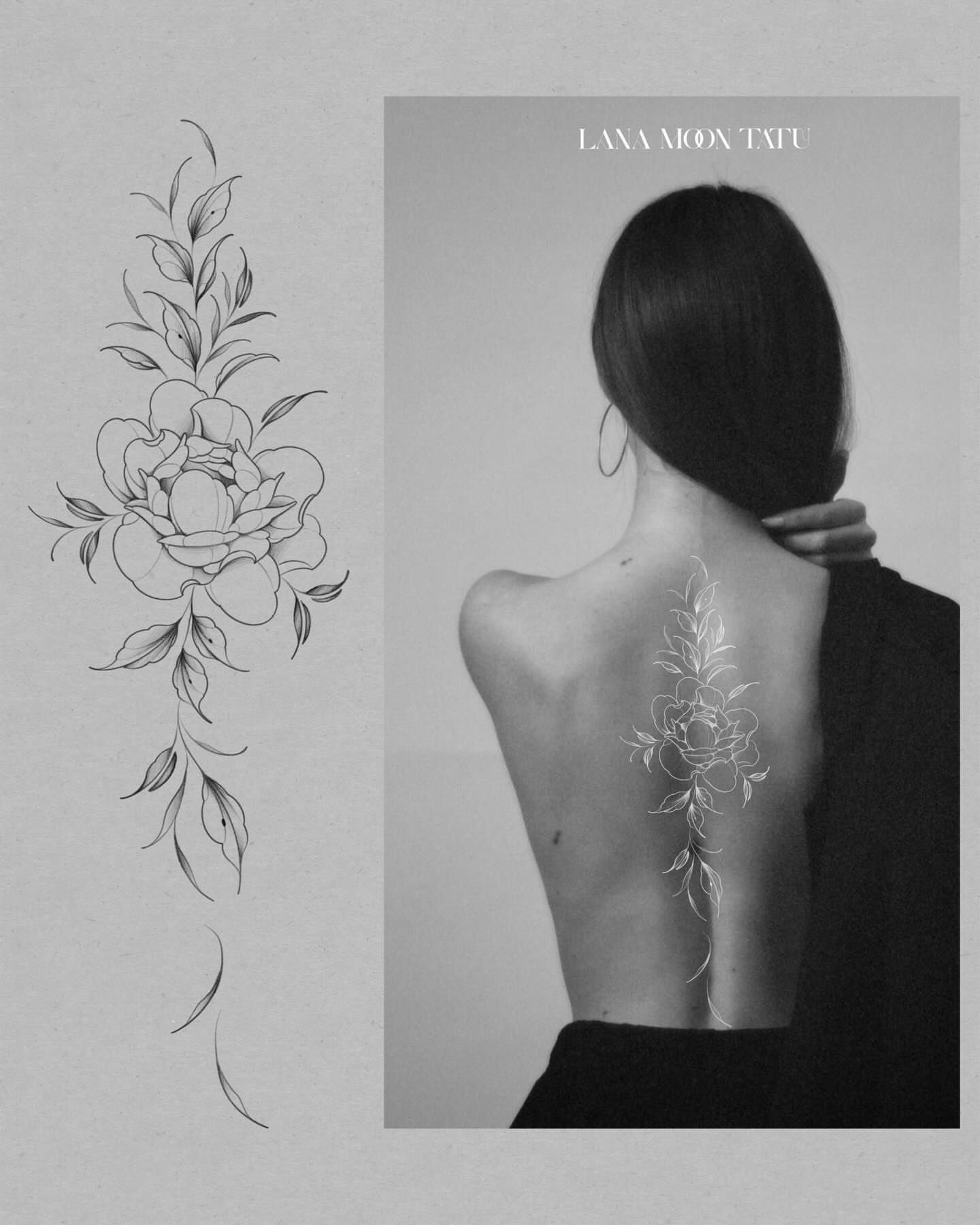 Peony black and grey tattoo on the back by ꕥ LANA MOON TATU ꕥ