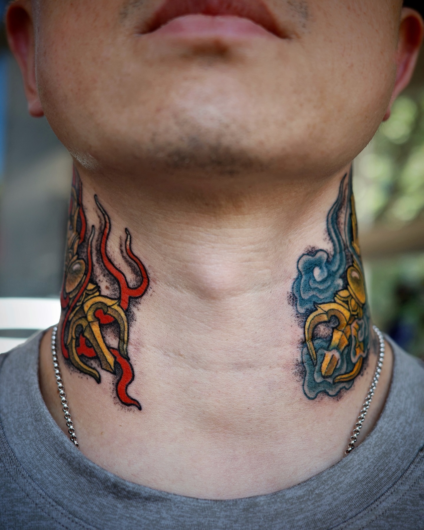 Flame and dragon American traditional tattoo on the neck by Scienz 九卦刺青