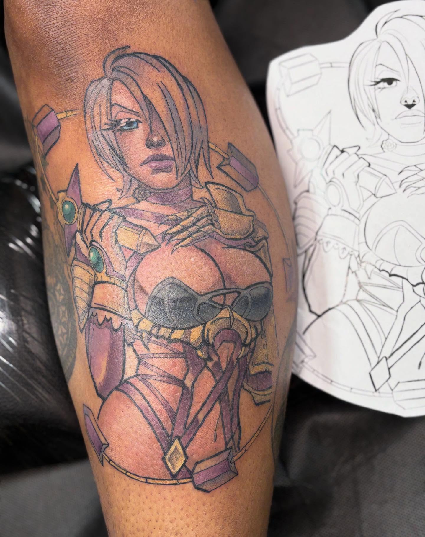 Female warrior anime tattoo on the thigh by Gabby