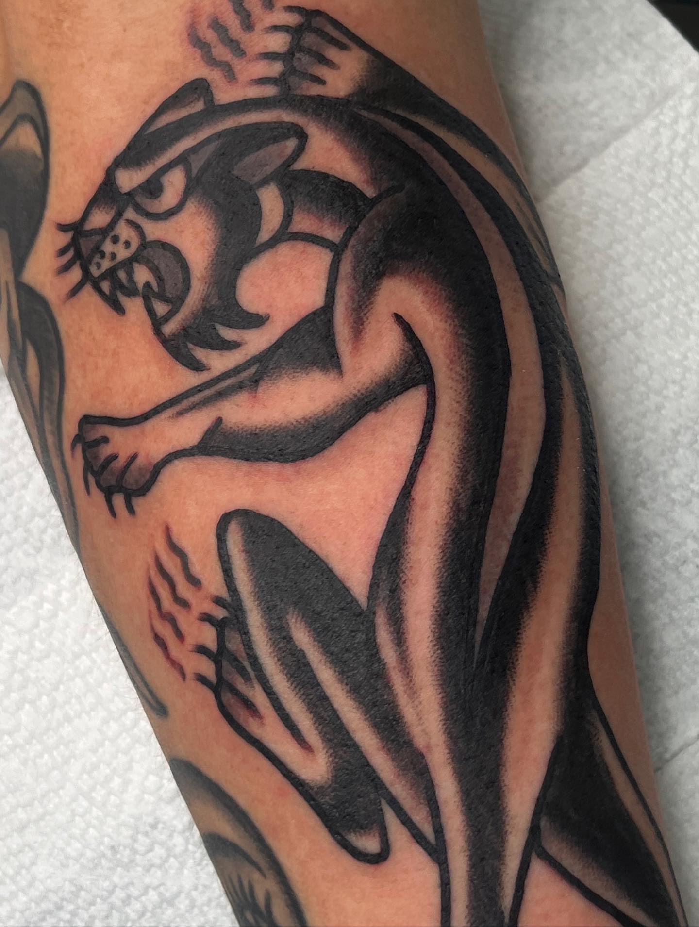 Panther American traditional tattoo on the forearm by Charlie Ostrom, Durham, North Carolina