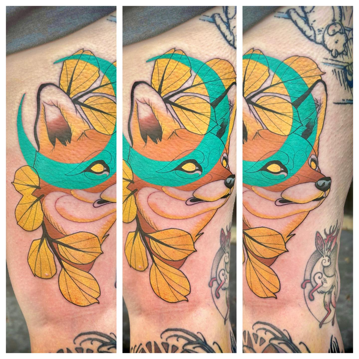 Fox with autumn leaves geometric tattoo on the forearm by Steve Hooker