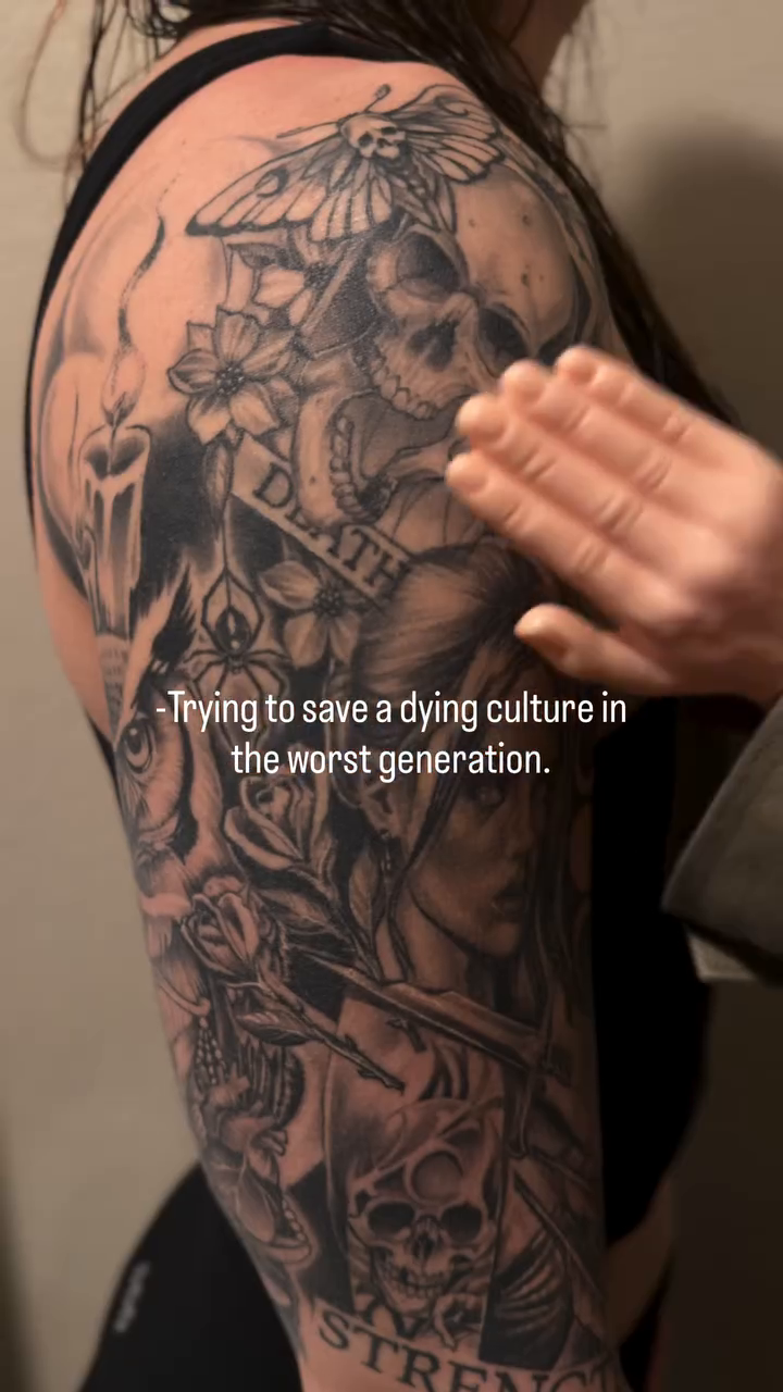 Skull, owl, and floral elements realism tattoo by Travis Sleeper