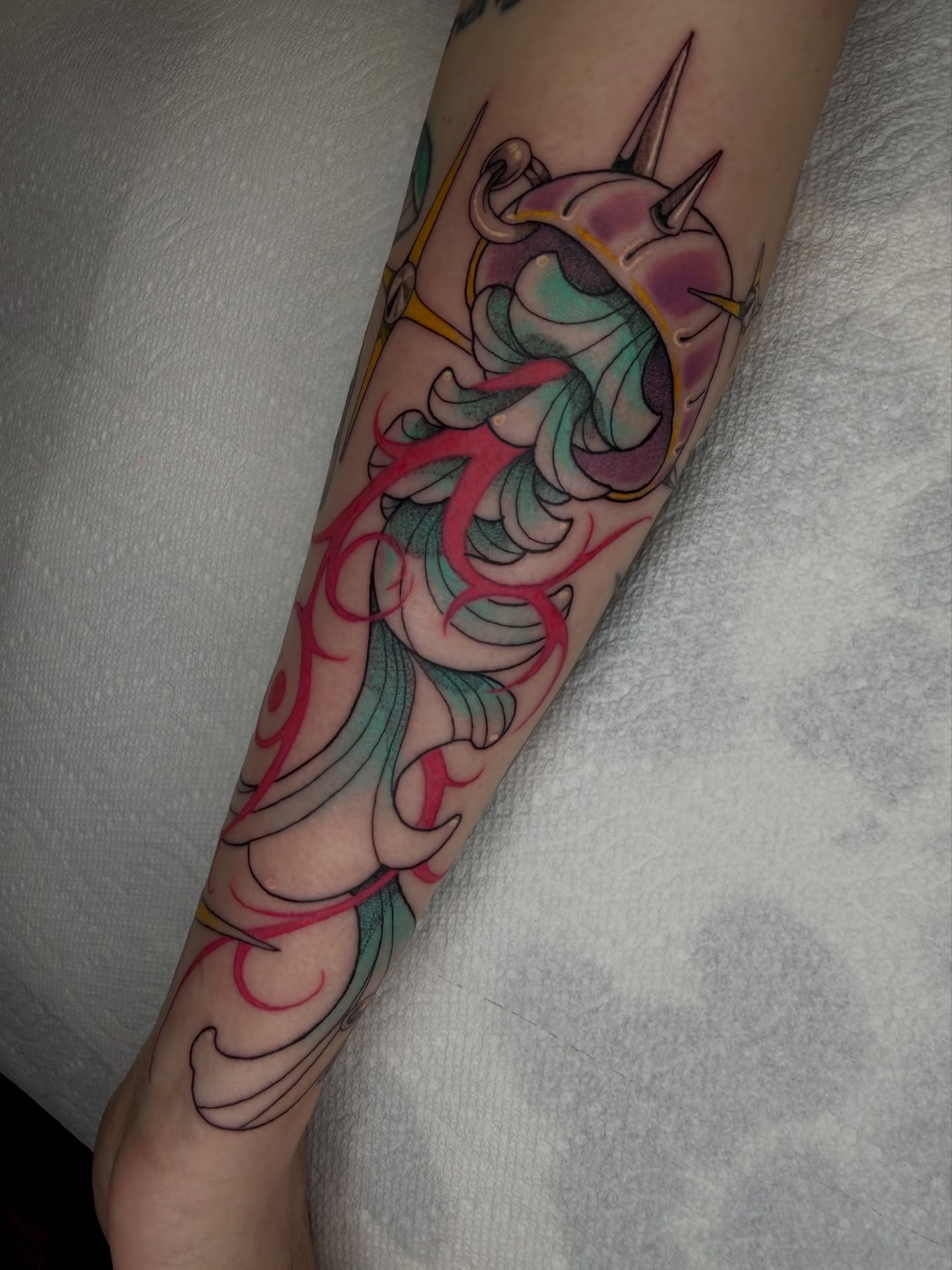 Koi fish new school tattoo on the forearm by 𝔓𝔢𝔞𝔠𝔥𝔶 𝔄𝔫𝔰𝔩𝔢𝔶