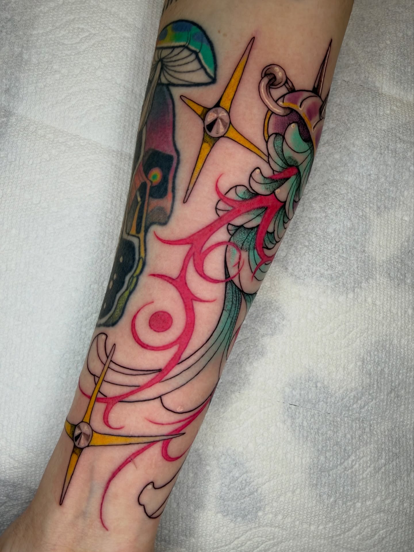 Abstract design new school tattoo on the forearm by 𝔓𝔢𝔞𝔠𝔥𝔶 𝔄𝔫𝔰𝔩𝔢𝔶