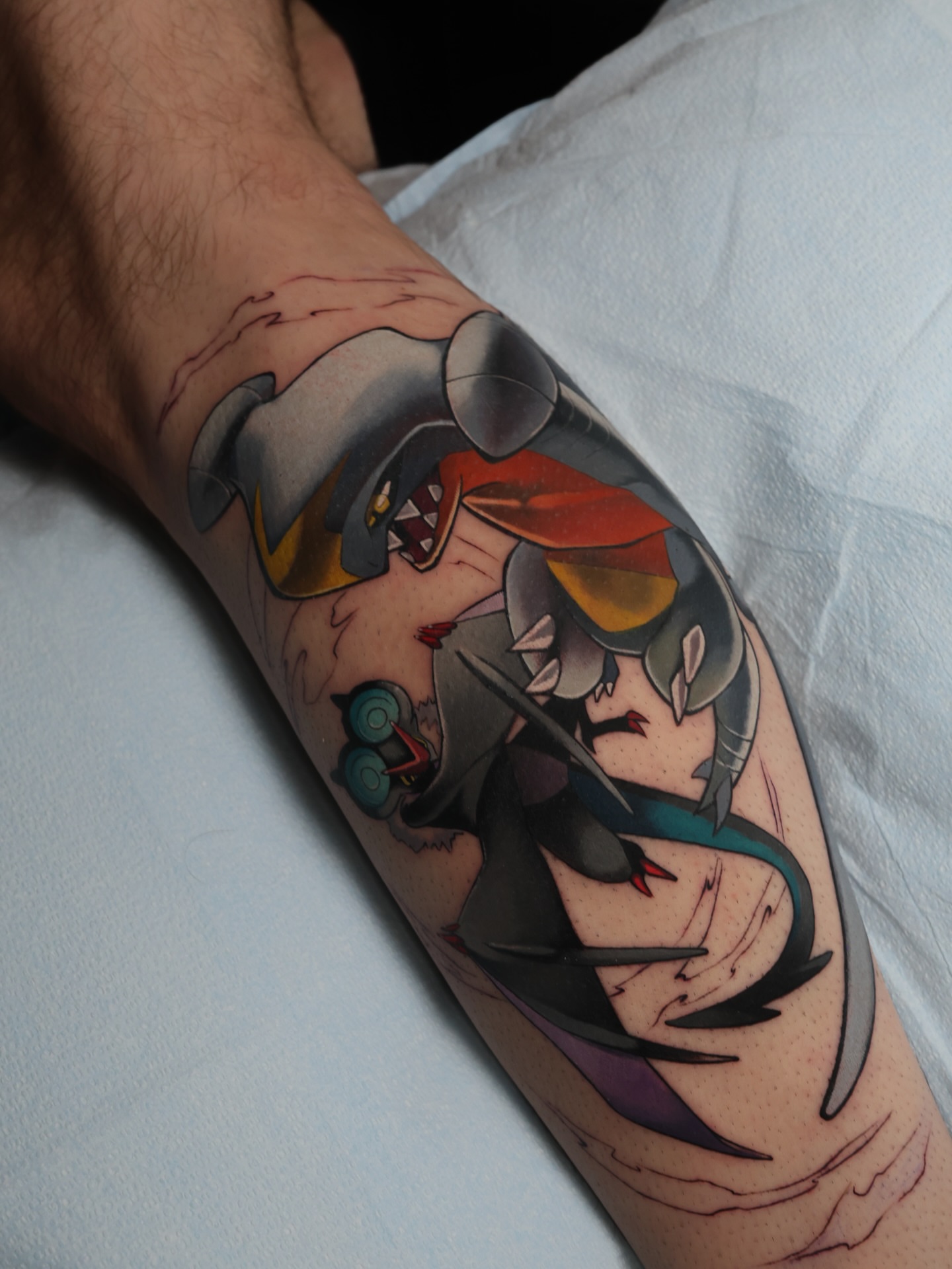 Mech and character American traditional tattoo on the forearm by Bee Rye