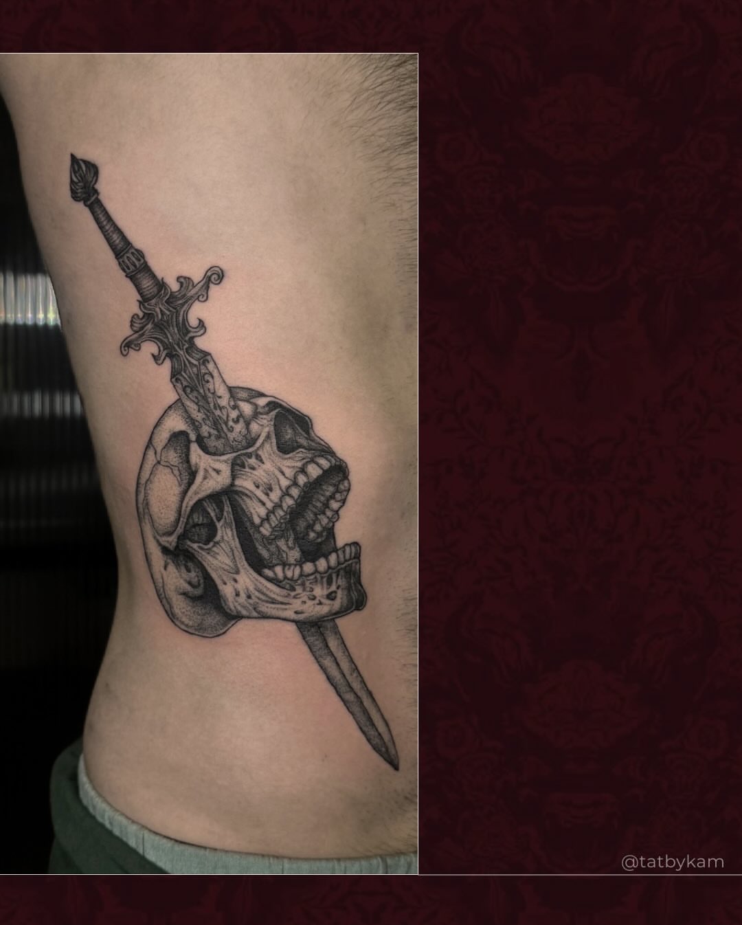 Skull with dagger realism tattoo on the thigh by Kam Mills