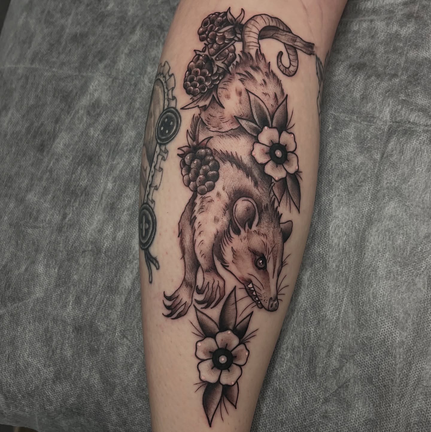 Possum and grapes realism tattoo on the forearm by Timmy