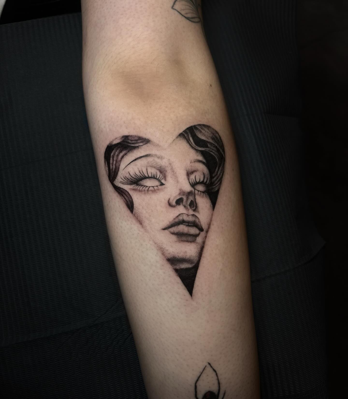 Woman's face dotwork tattoo on the forearm by l i z ✶