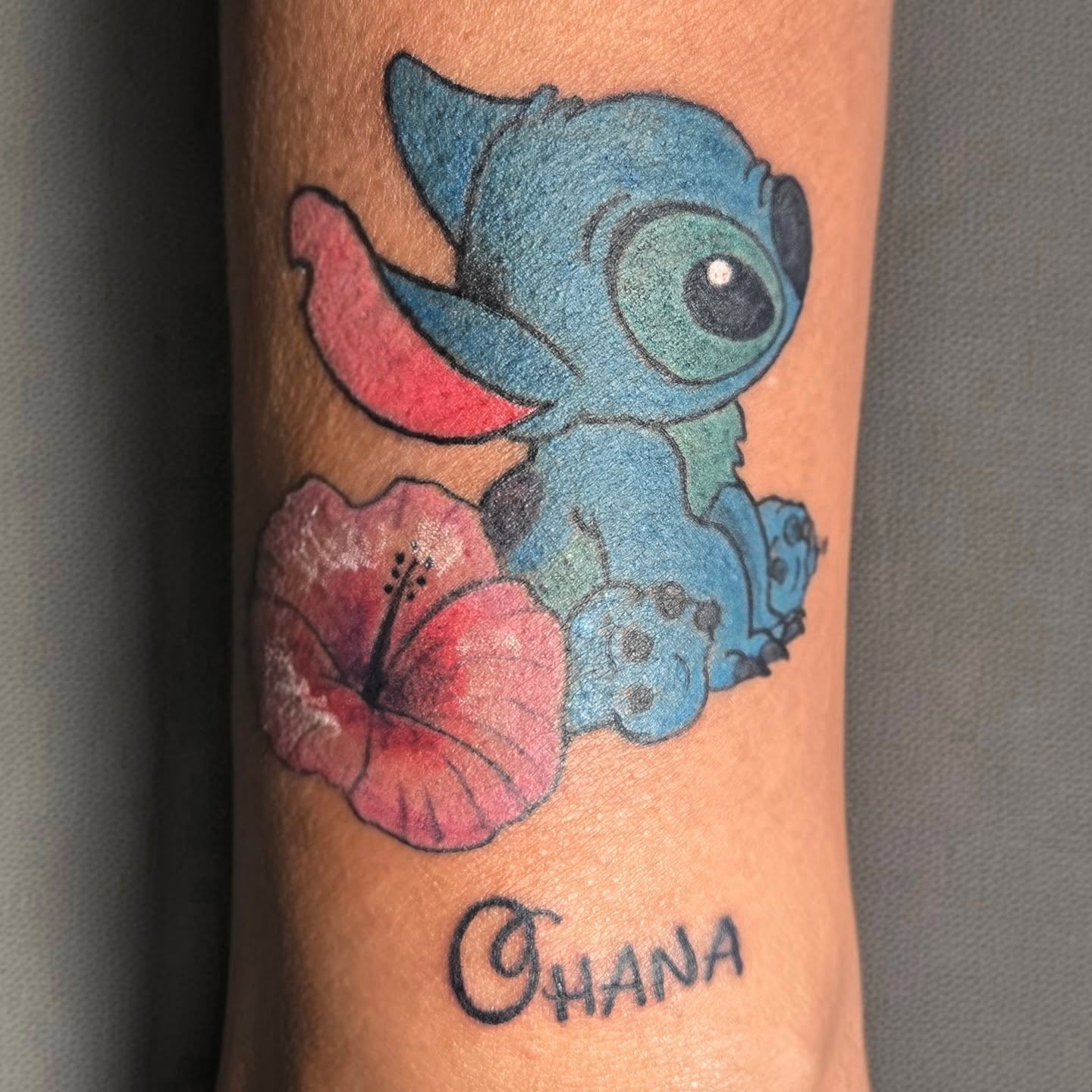 Stitch and hibiscus flower dotwork tattoo on the forearm by Jose G. Rubio Tattoo Artist πΊπ²ππ¨π¦
